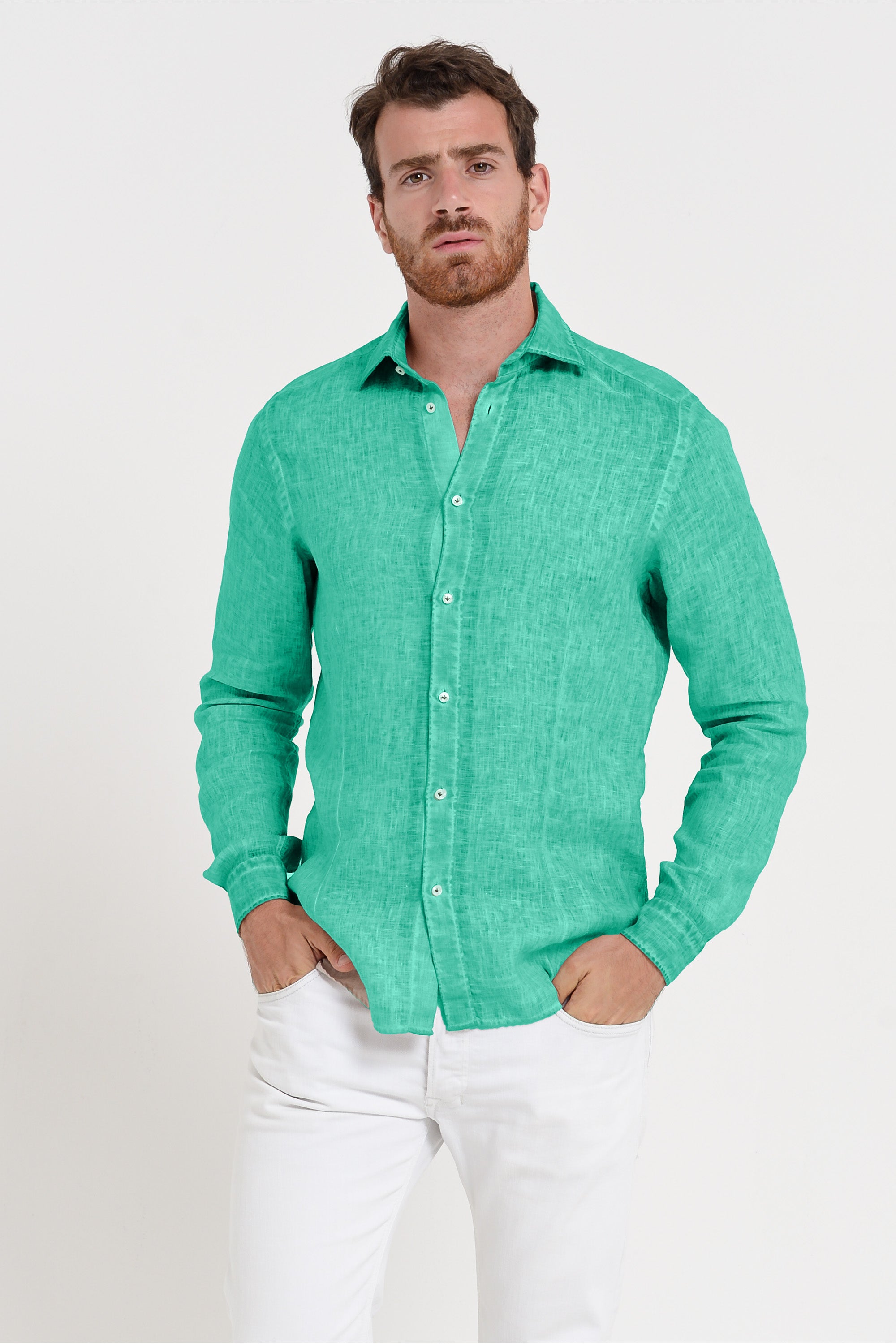 Slim Fit Spread Collar Linen Shirt - Jungle