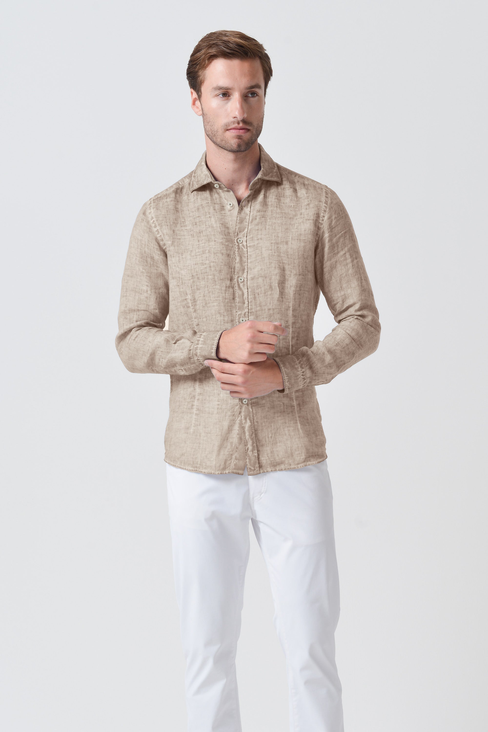 Camicia in lino vestibilità slim con colletto aperto - Porto