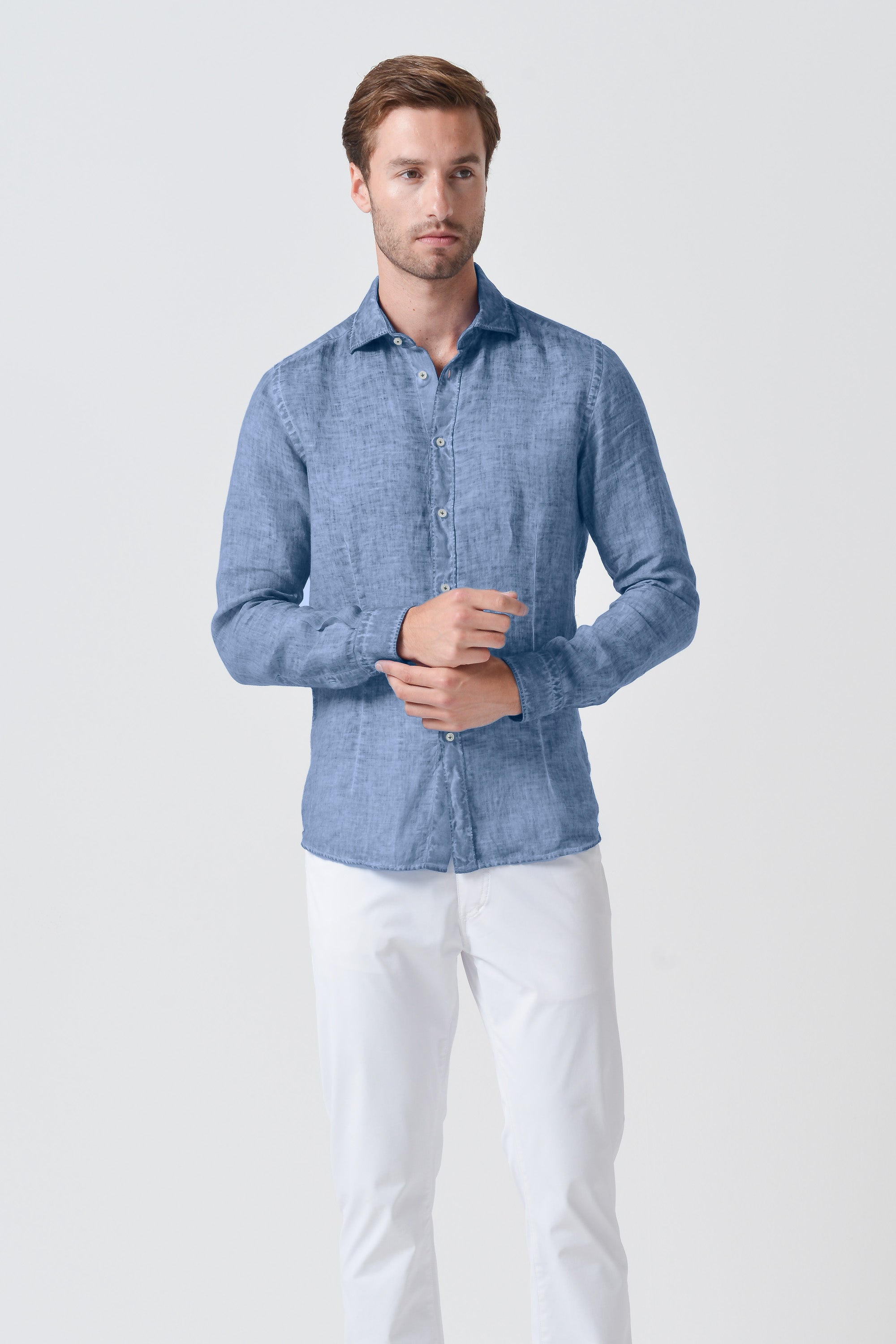 Slim Fit Spread Collar Linen Shirt - Polar