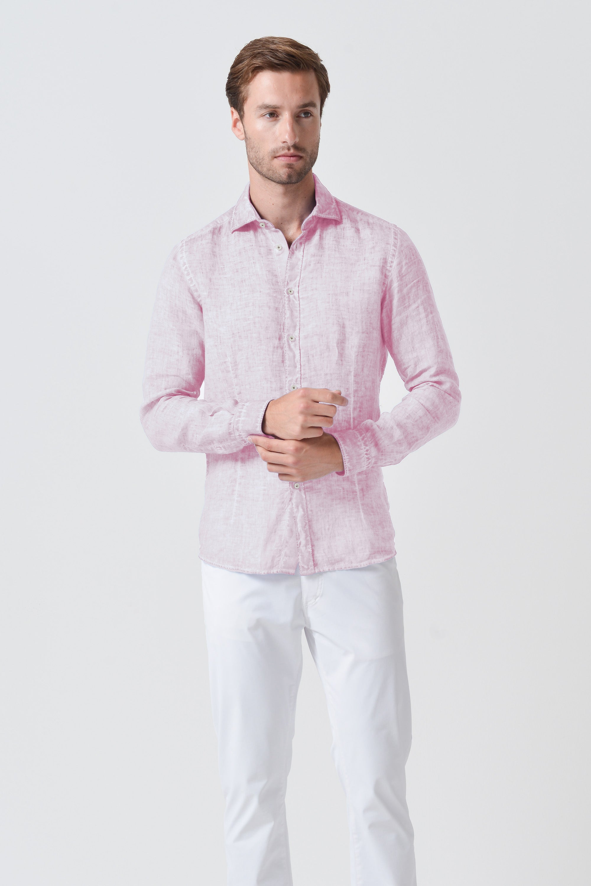 Slim Fit Spread Collar Linen Shirt - Rose