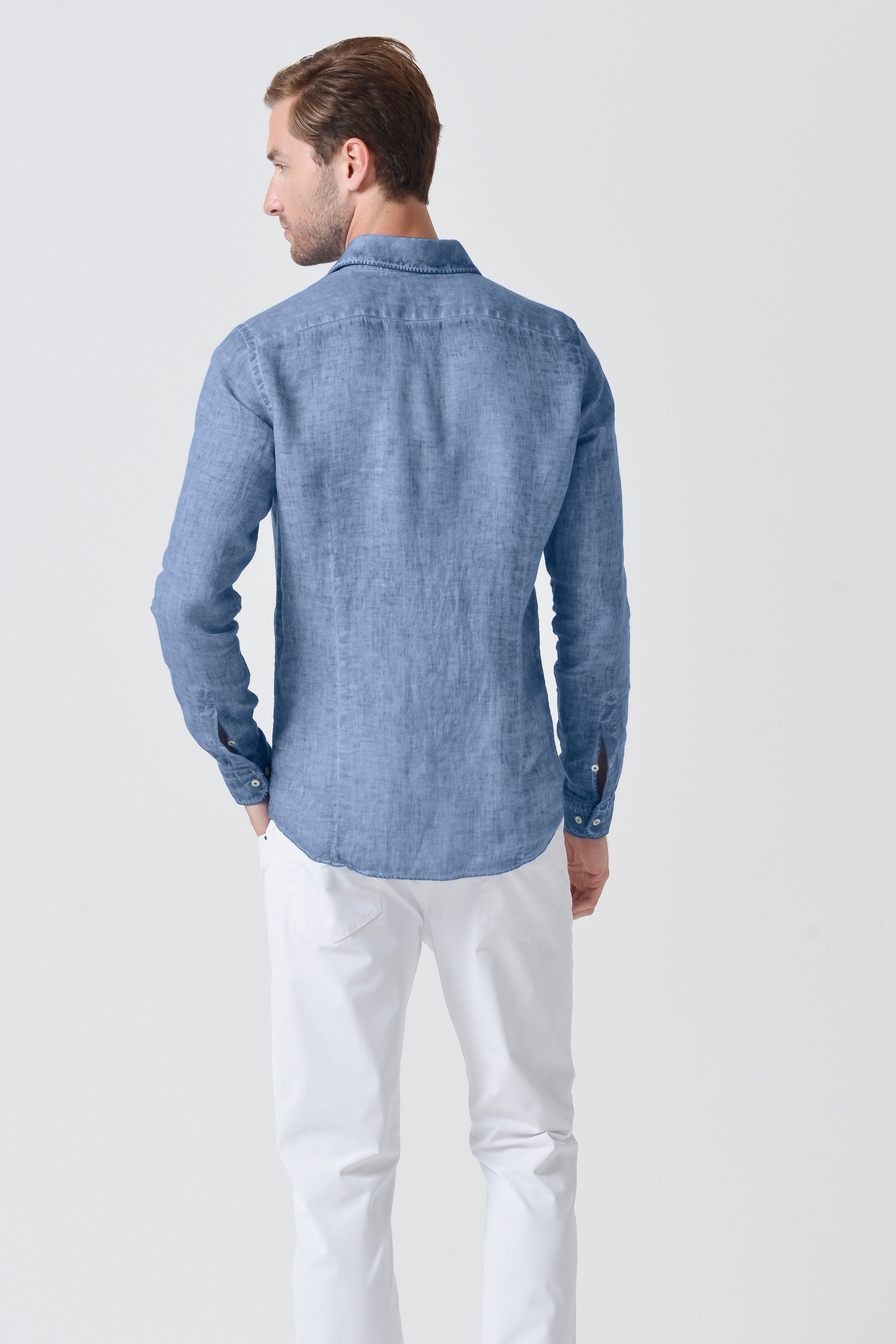 Slim Fit Spread Collar Linen Shirt - Polar