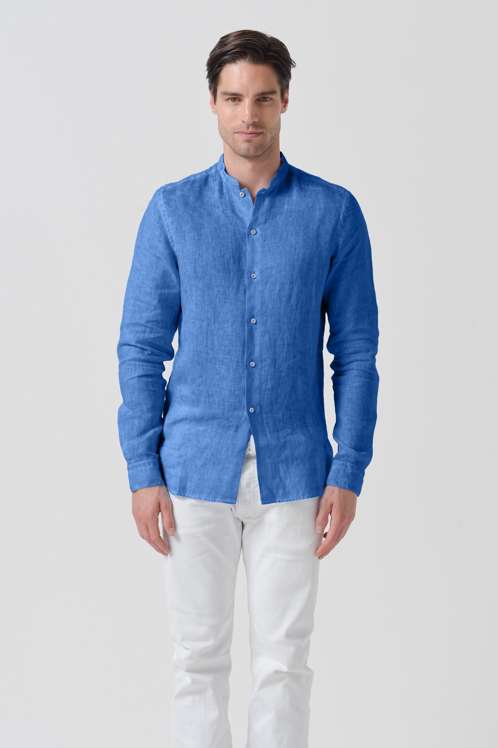 Banded Collar Linen Shirt - Oceano