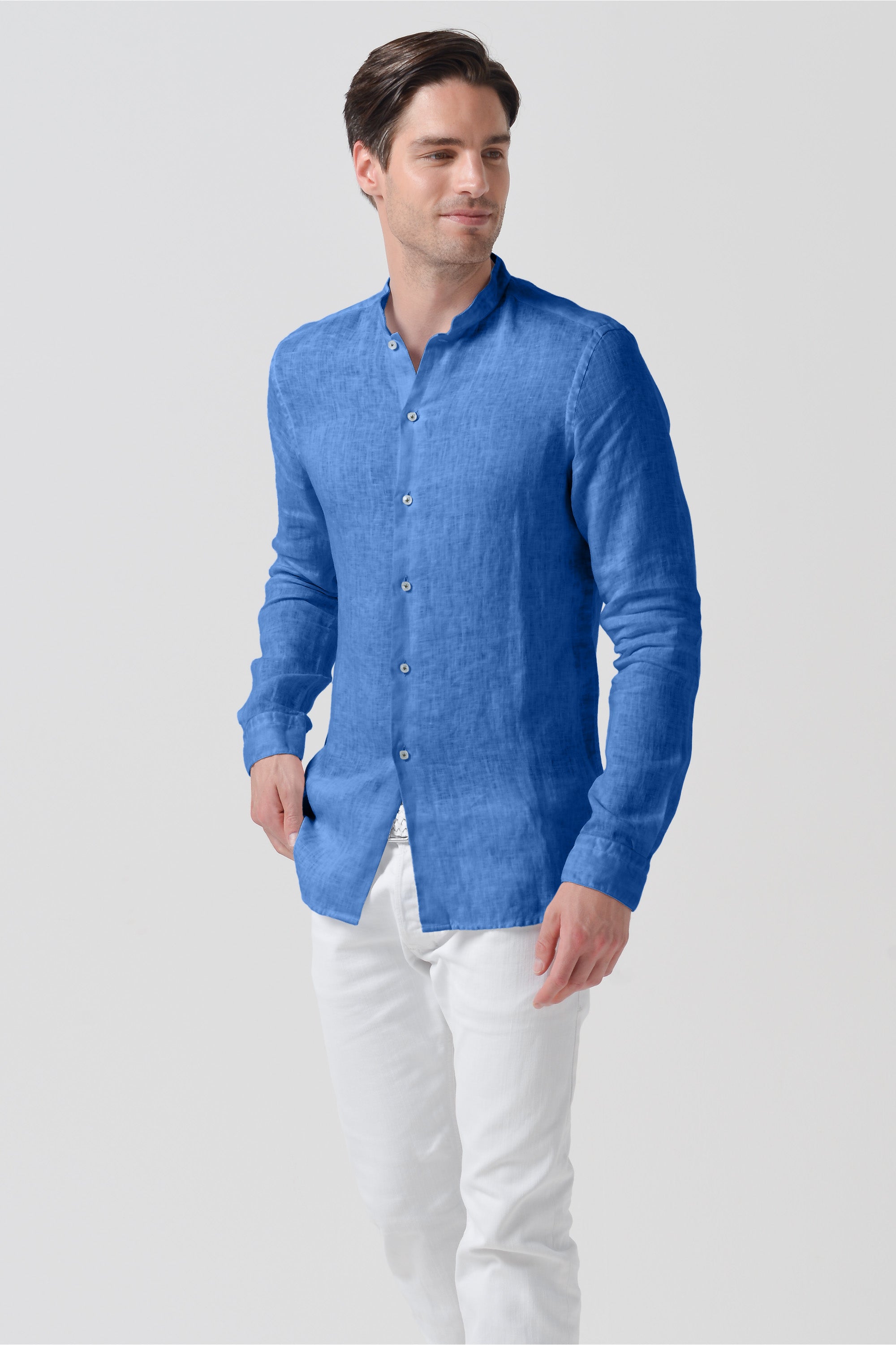 Banded Collar Linen Shirt - Oceano