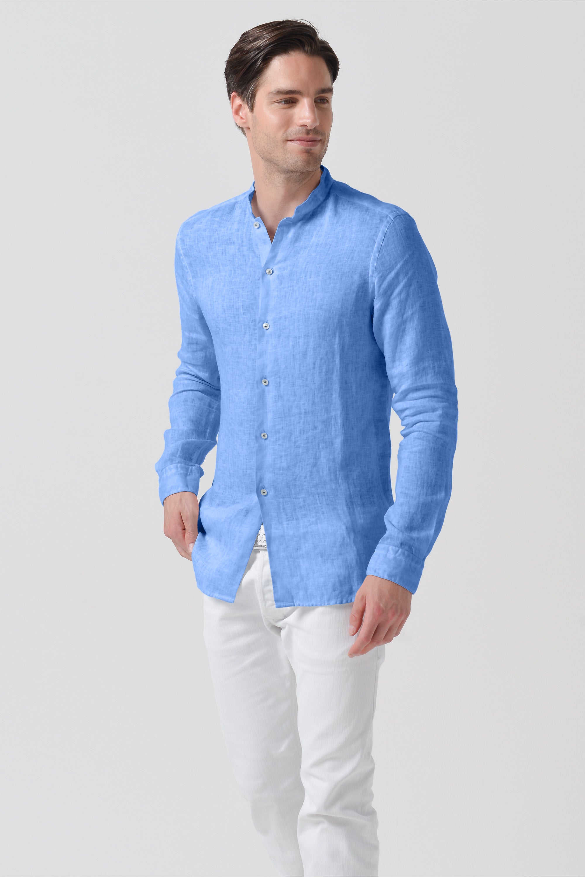 Banded Collar Linen Shirt - Santorini