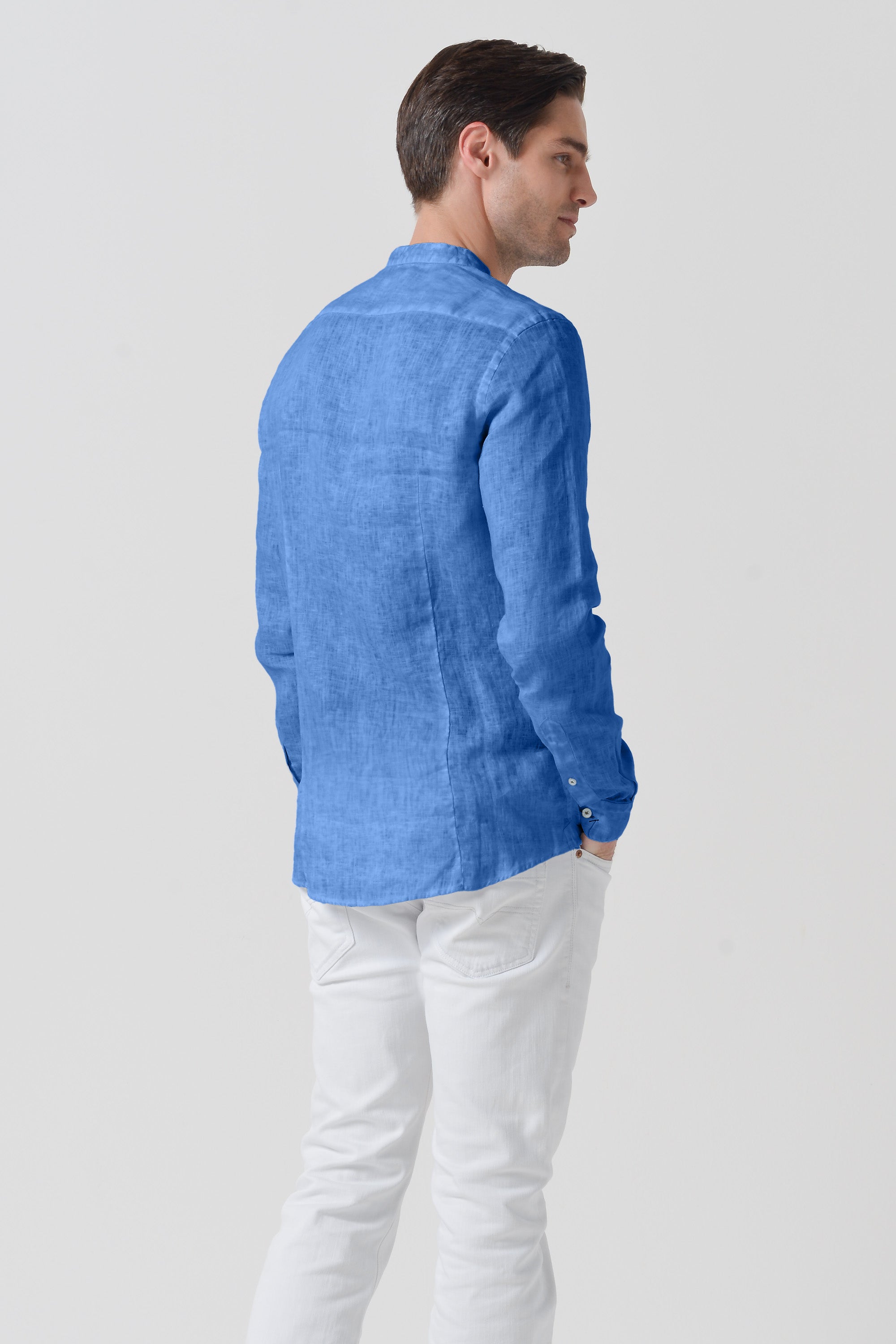 Banded Collar Linen Shirt - Oceano