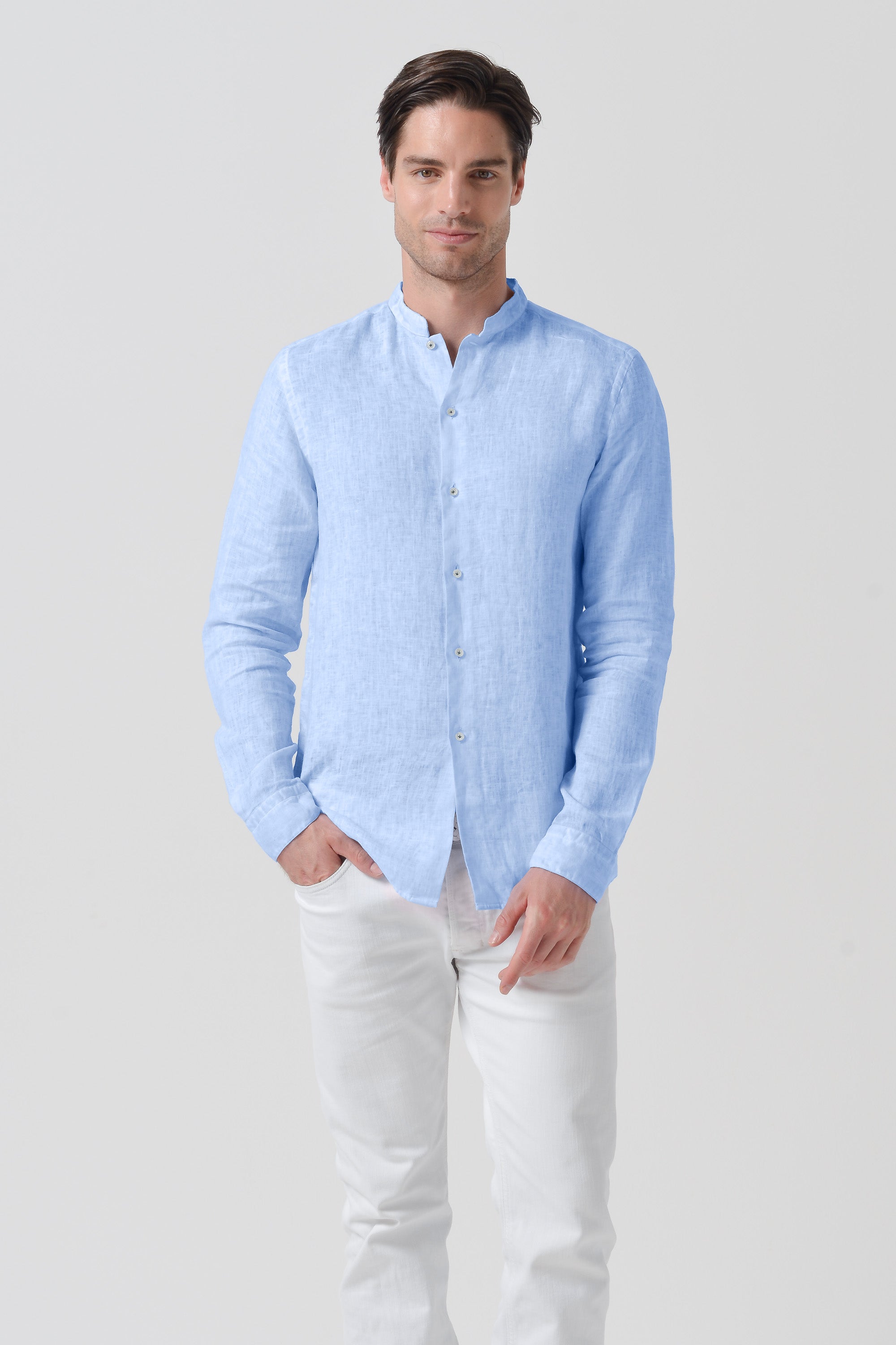 シャツ ASCLO Band Collar Linen Denim Shirt (2color) Banded Collar Linen Shirt Cielo | Ploumanac'h