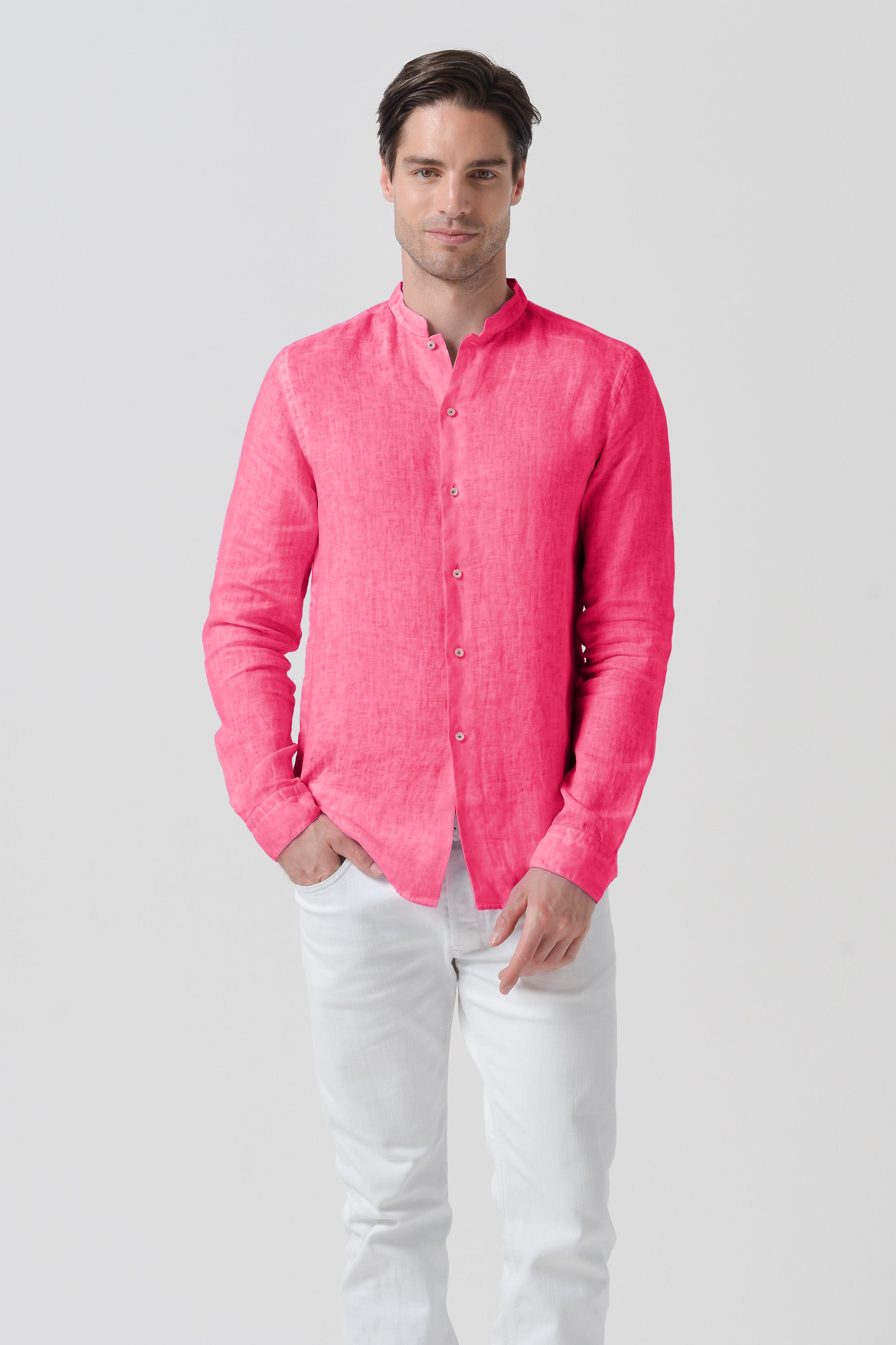 Banded Collar Linen Shirt - Fragola