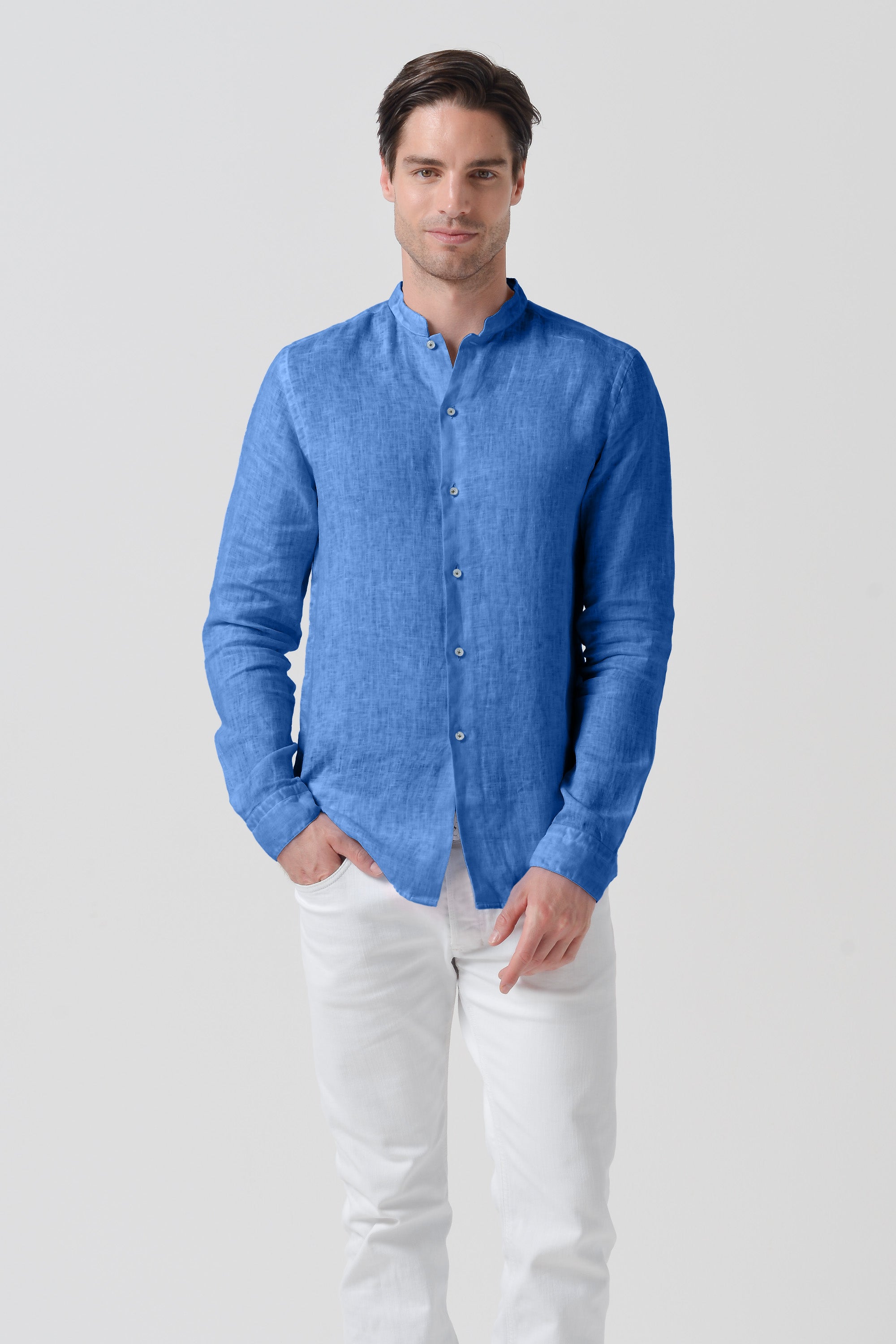 Banded Collar Linen Shirt - Oceano