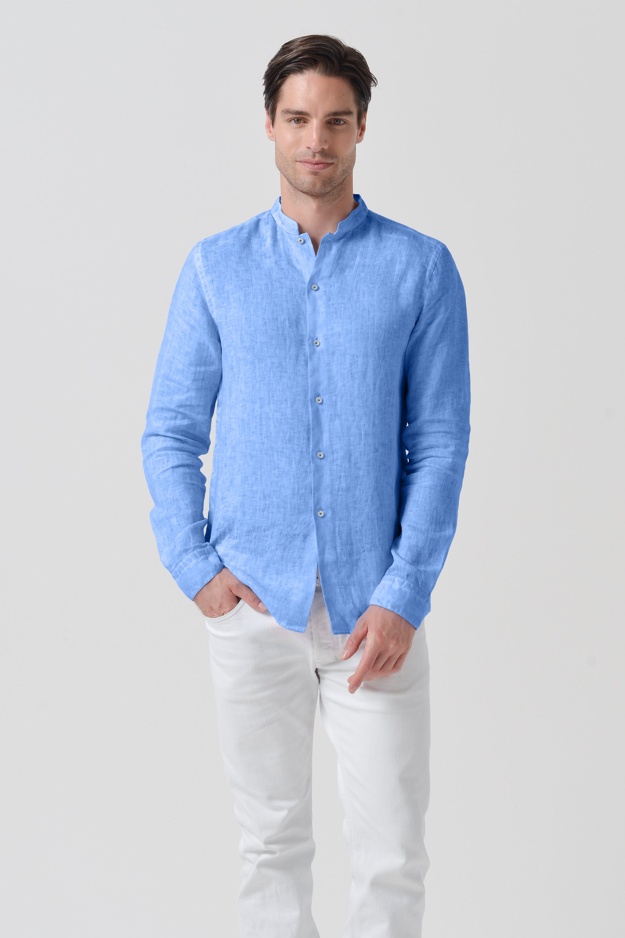Banded Collar Linen Shirt - Santorini
