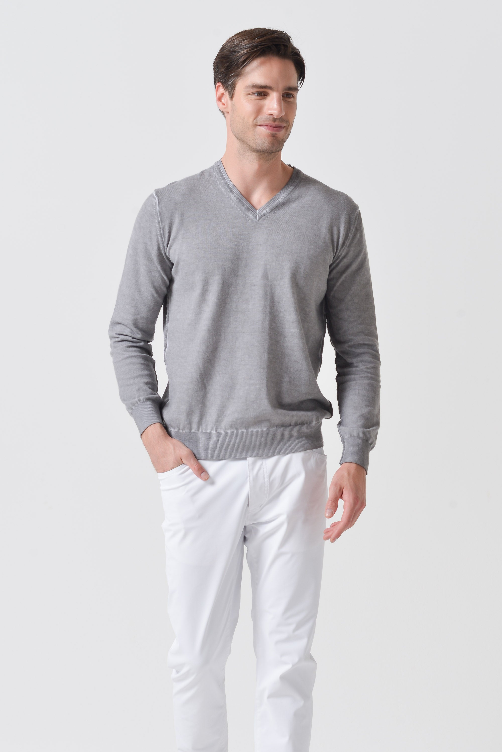 V-Neck Cotton Sweater - Steel