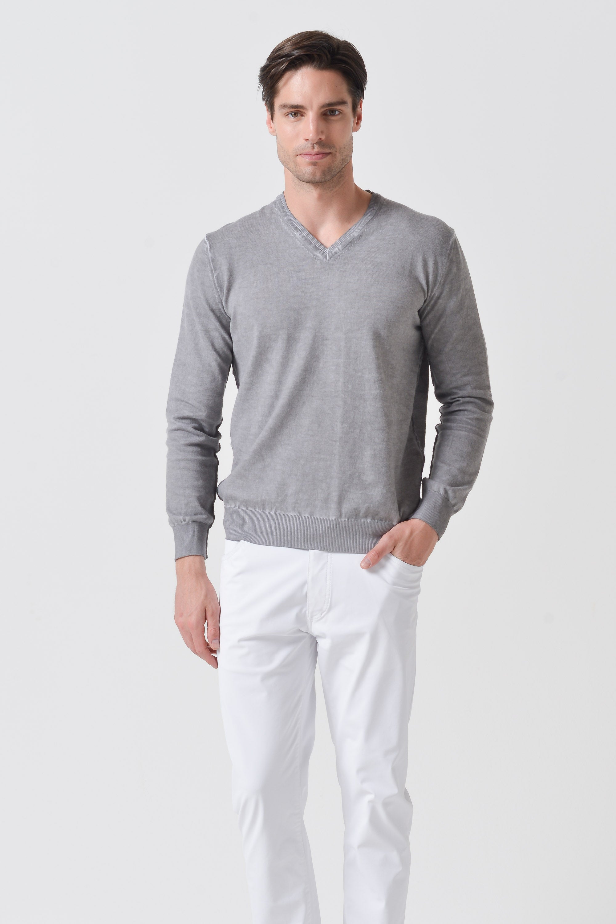 V-Neck Cotton Sweater - Steel