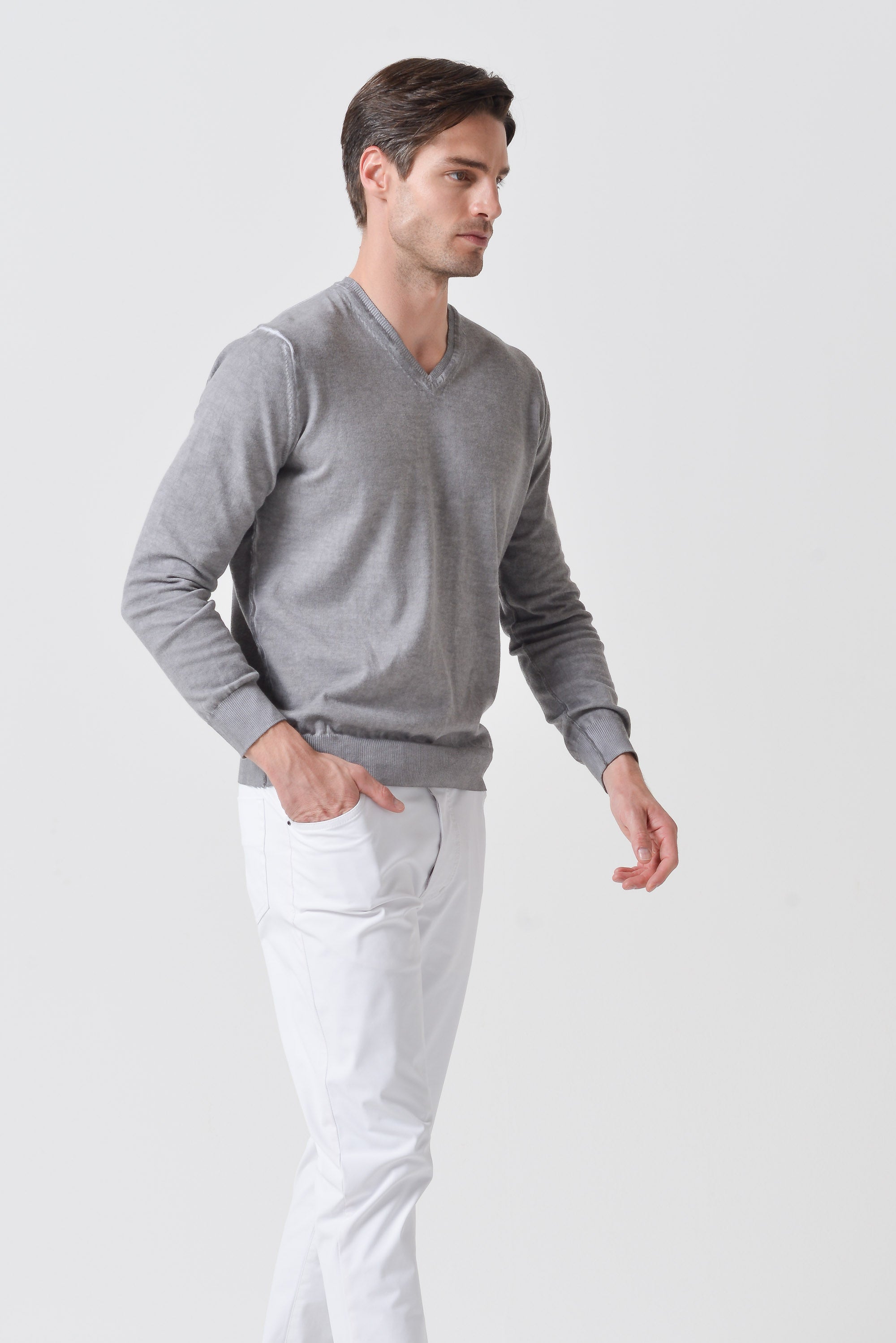 V-Neck Cotton Sweater - Steel