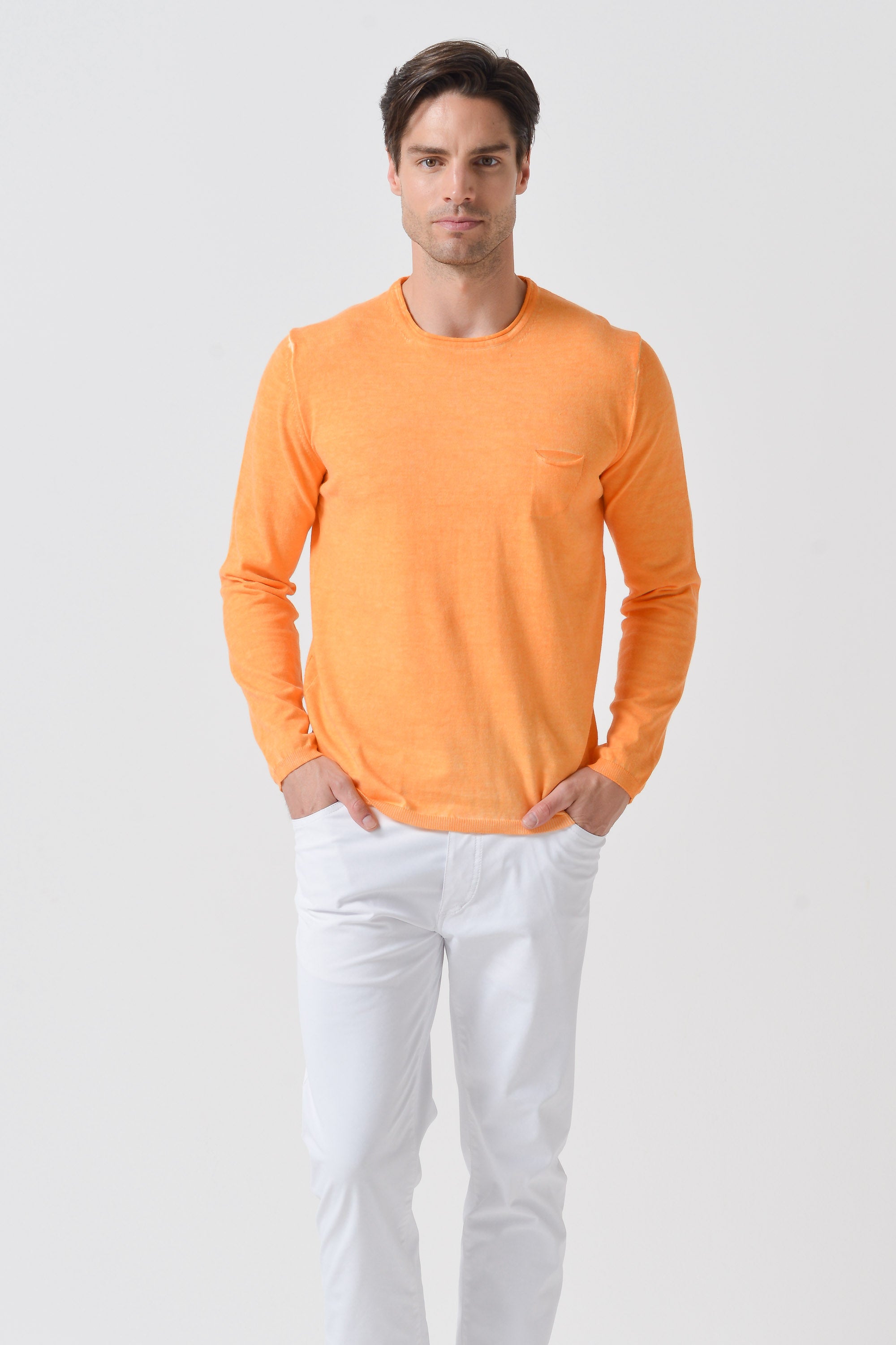 Rolled Hems Cotton Sweater - Apricot