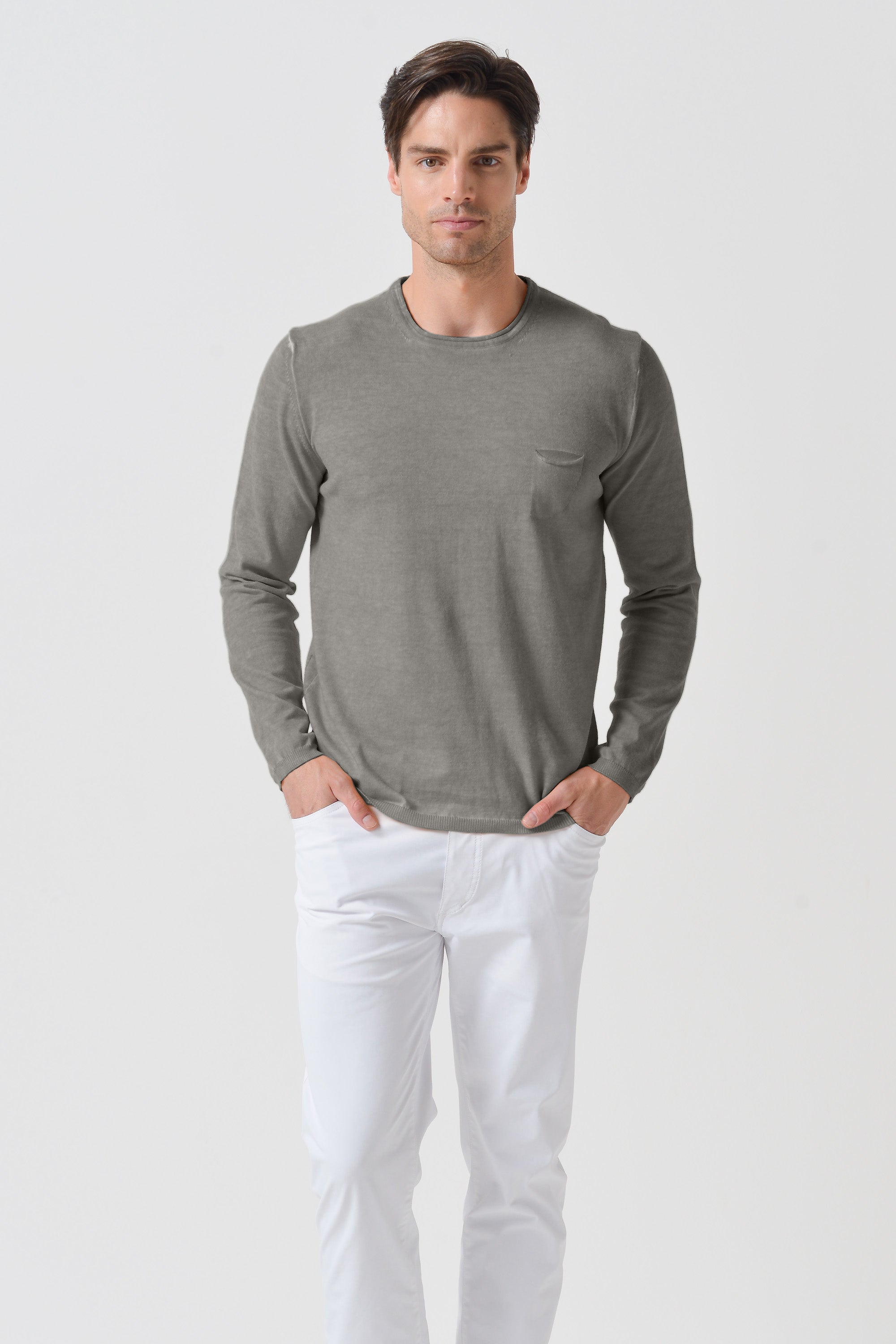 Rolled Hems Cotton Sweater - Dolphin