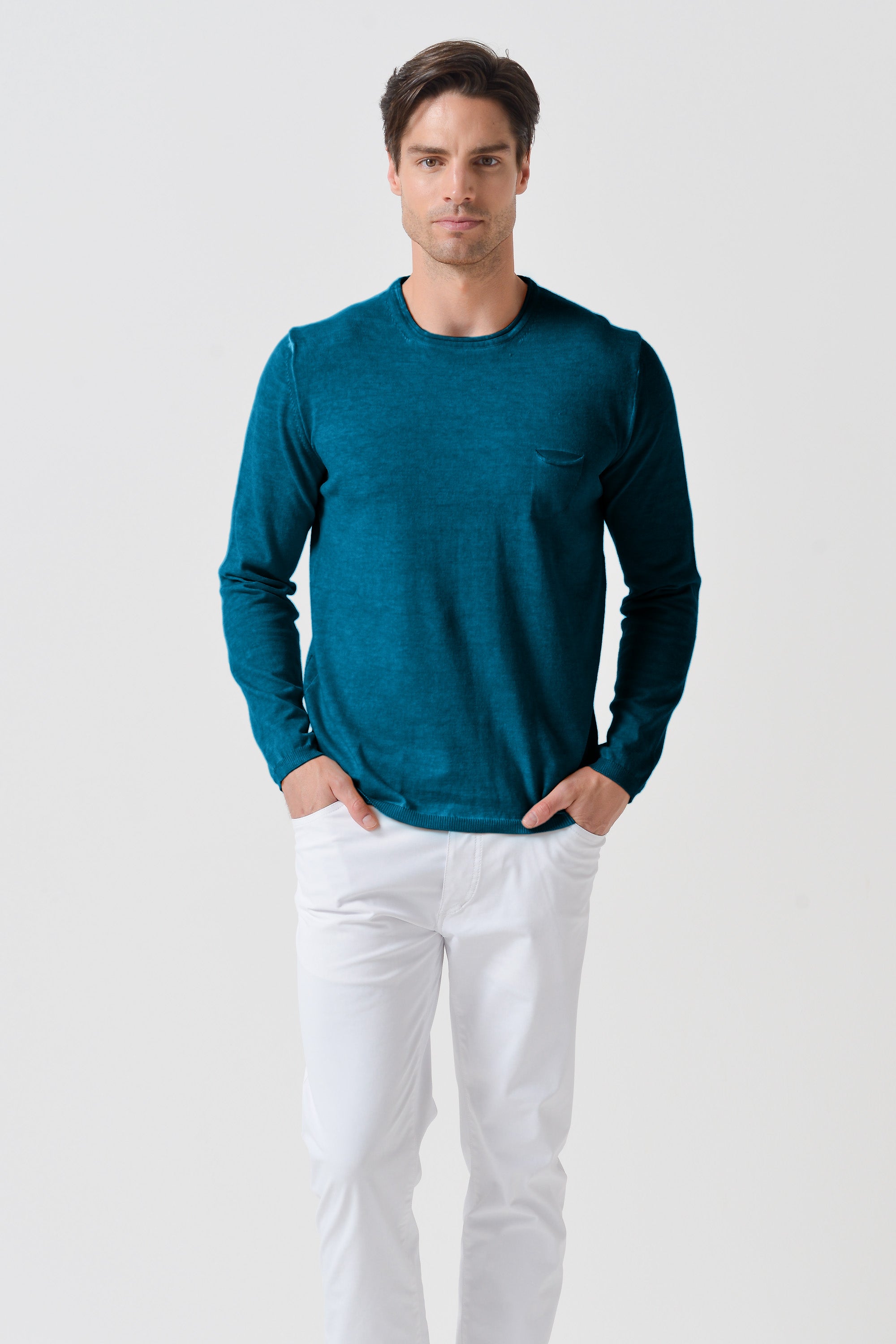 Rolled Hems Cotton Sweater - Libeccio