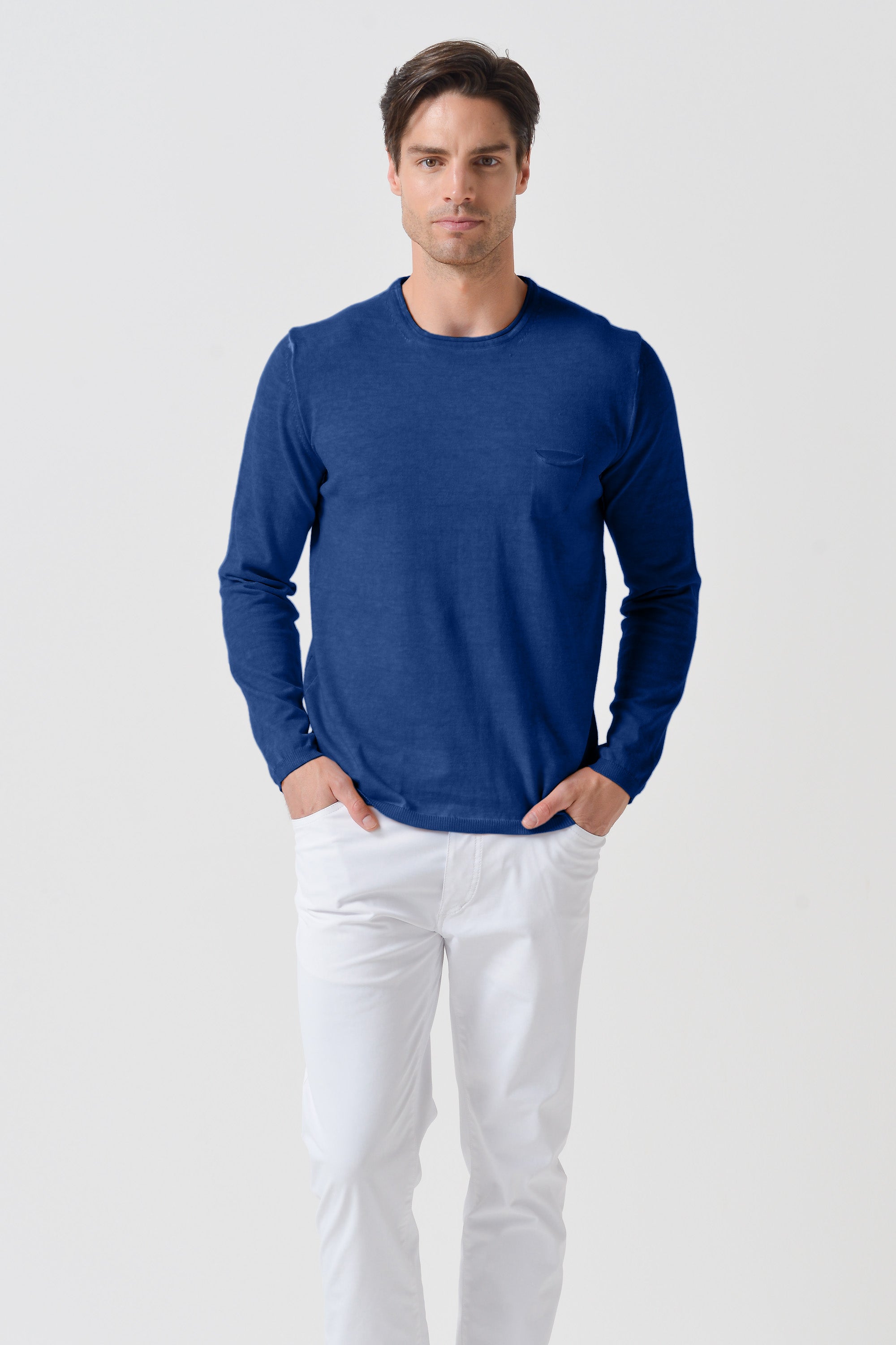 Rolled Hems Cotton Sweater - Pacific