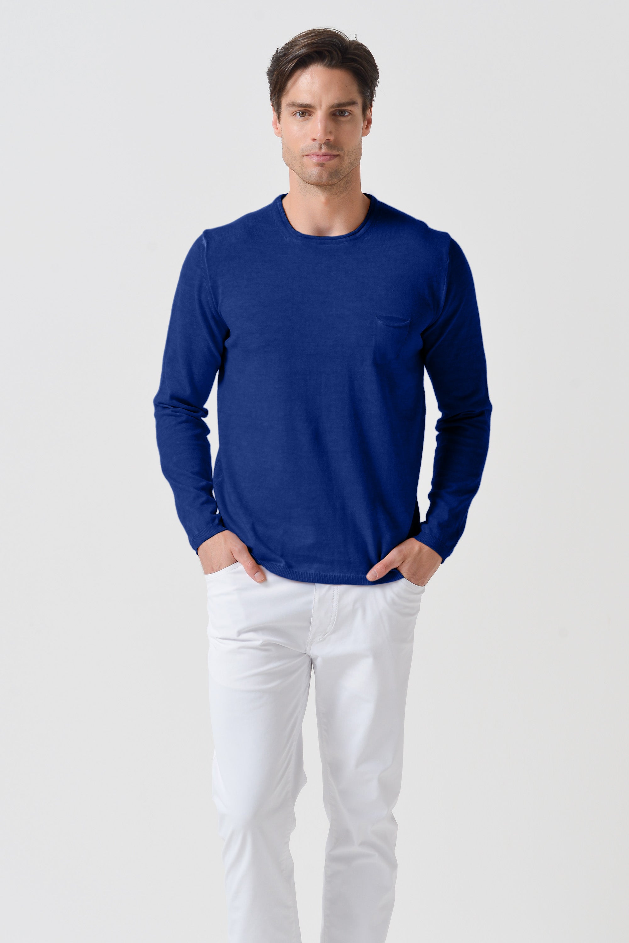 Rolled Hems Cotton Sweater - Royal