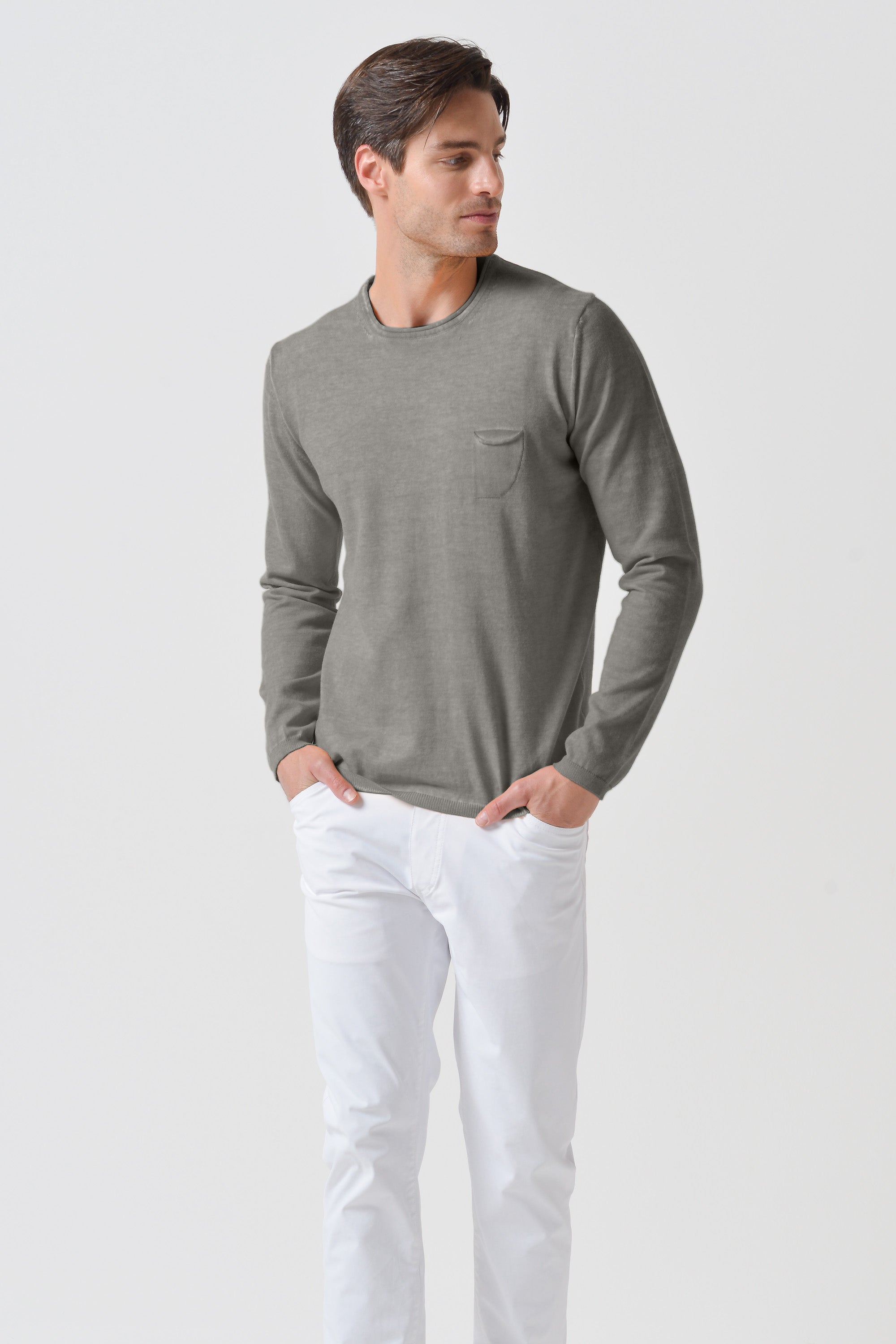 Rolled Hems Cotton Sweater - Dolphin