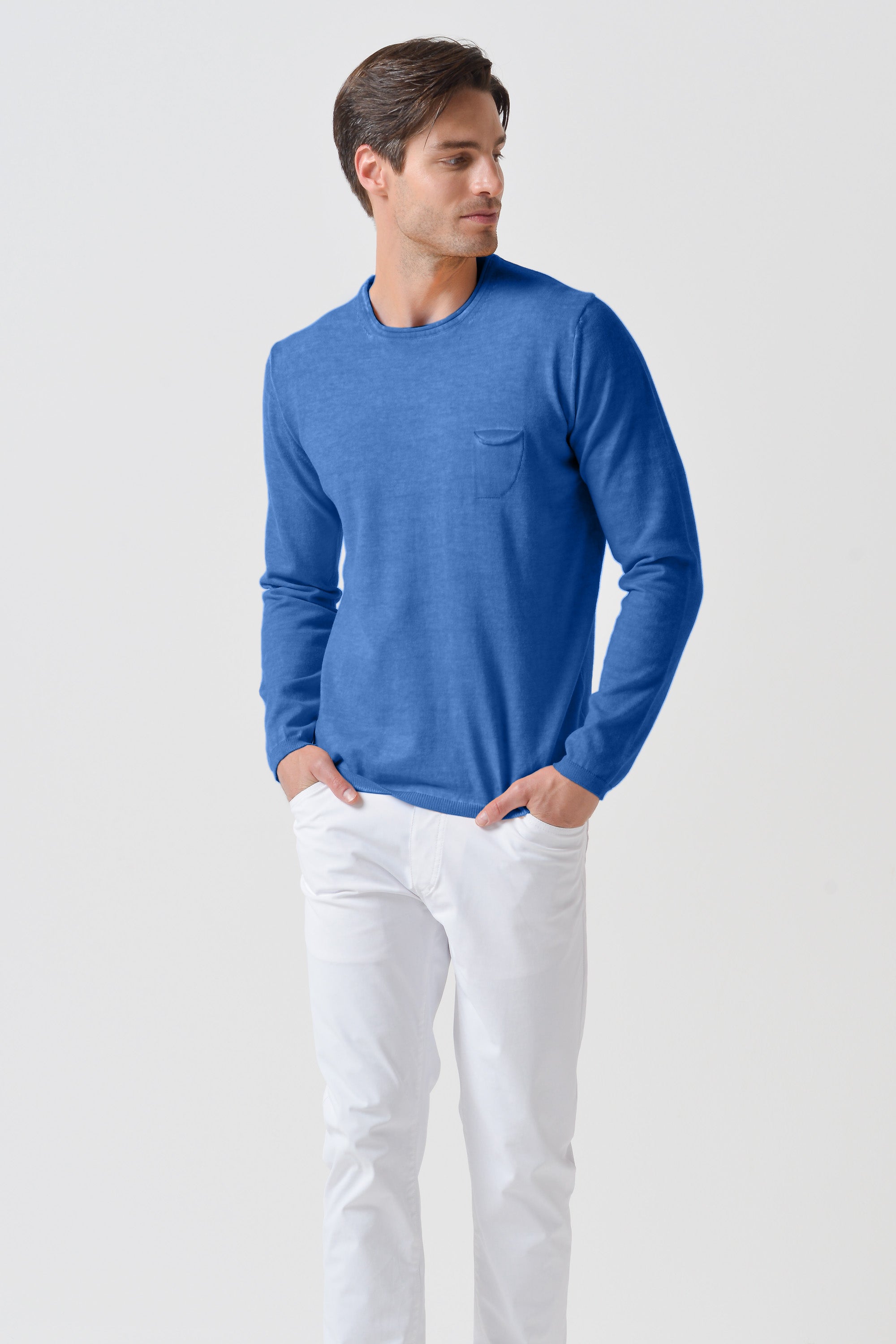 Rolled Hems Cotton Sweater - Oceano