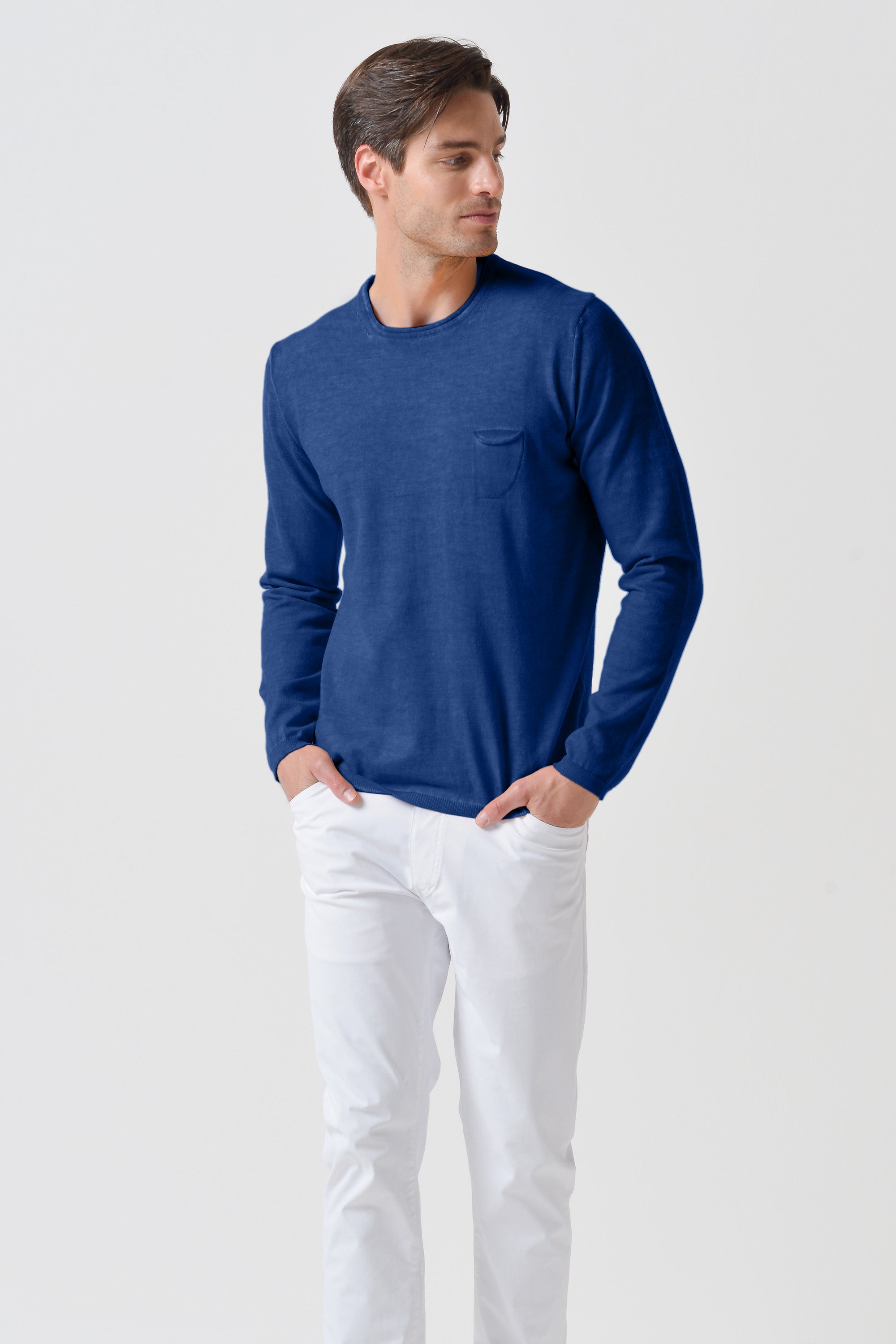 Rolled Hems Cotton Sweater - Pacific