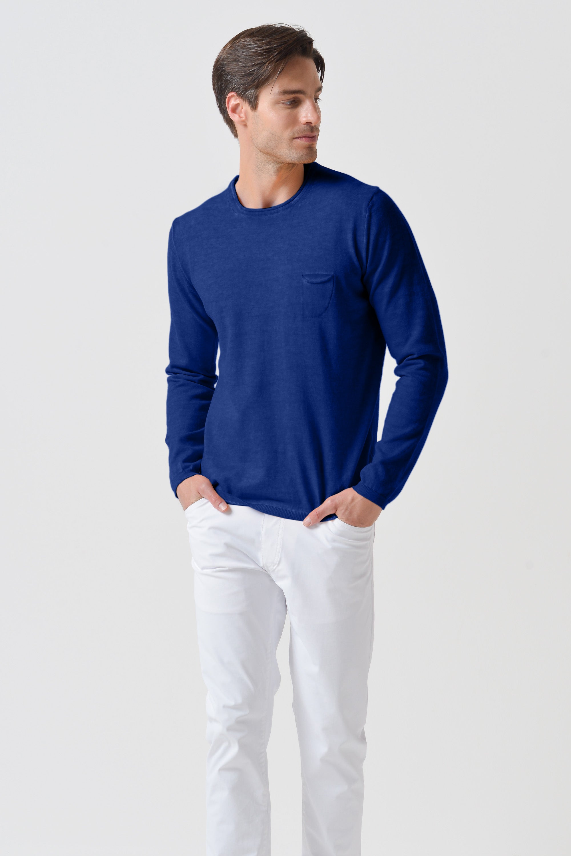 Rolled Hems Cotton Sweater - Royal