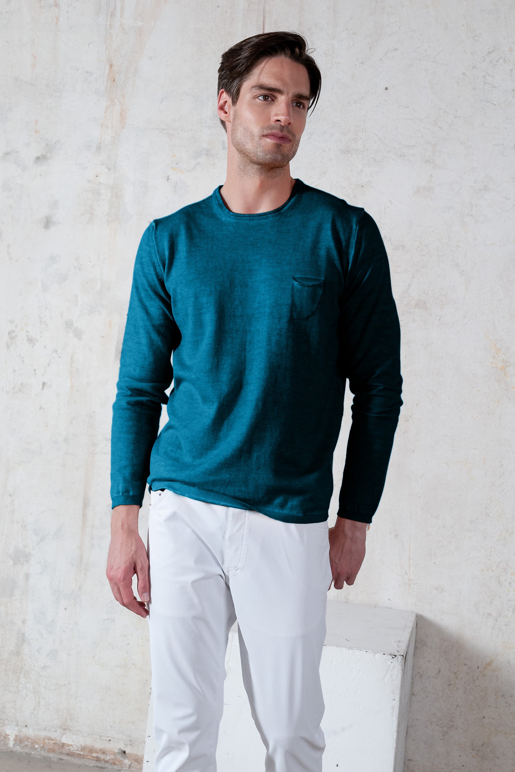 Rolled Hems Cotton Sweater - Libeccio