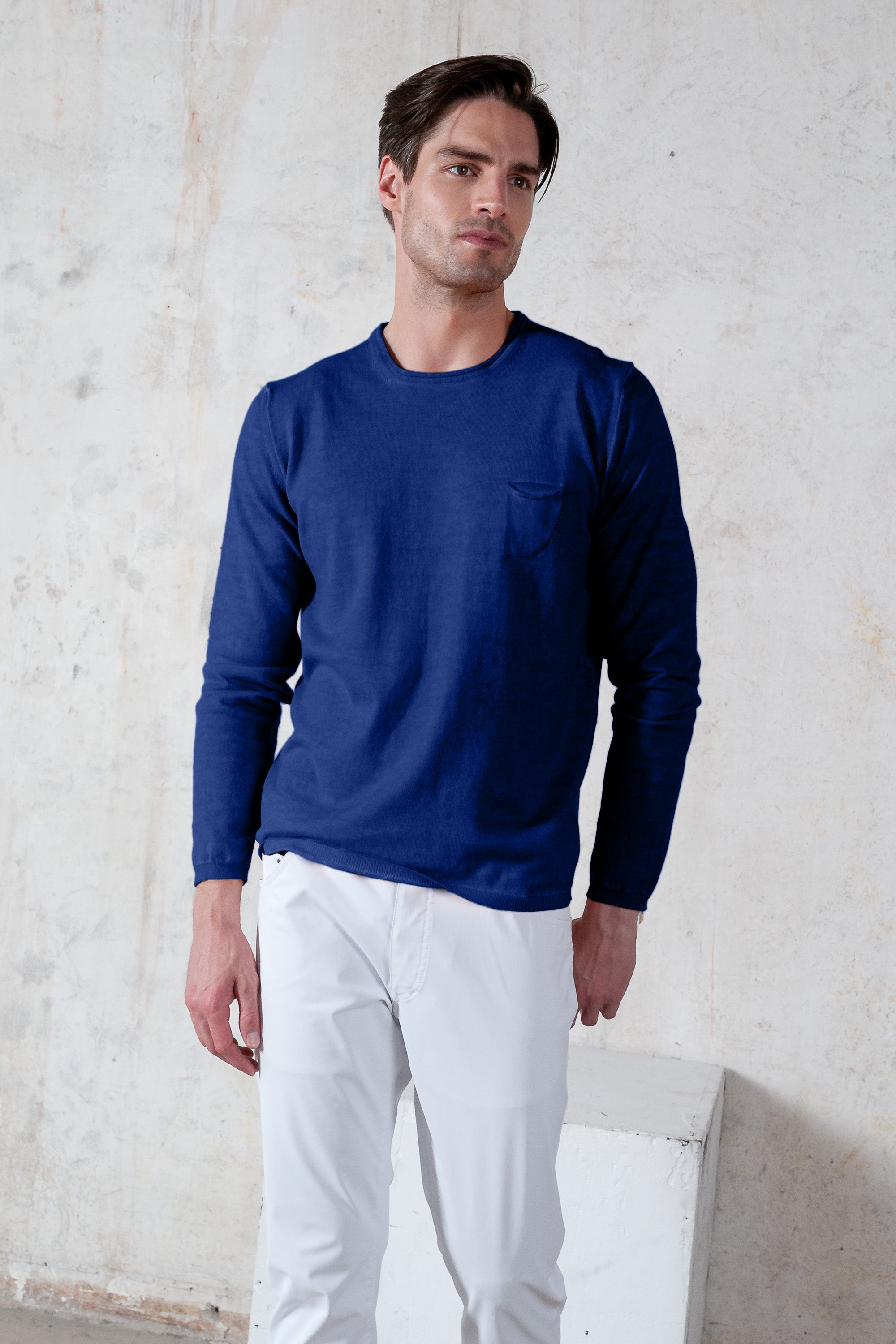 Rolled Hems Cotton Sweater - Royal