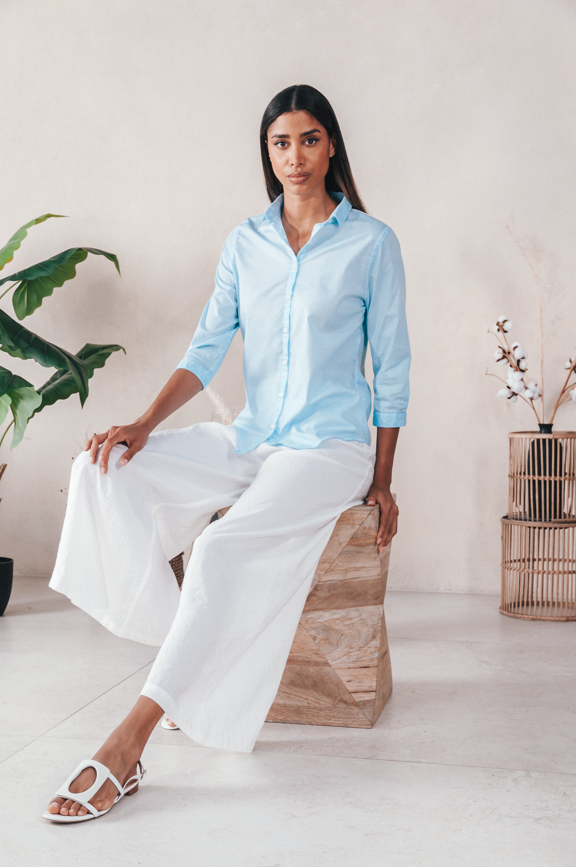Camicia Popeline Manica 3/4 - Acqua