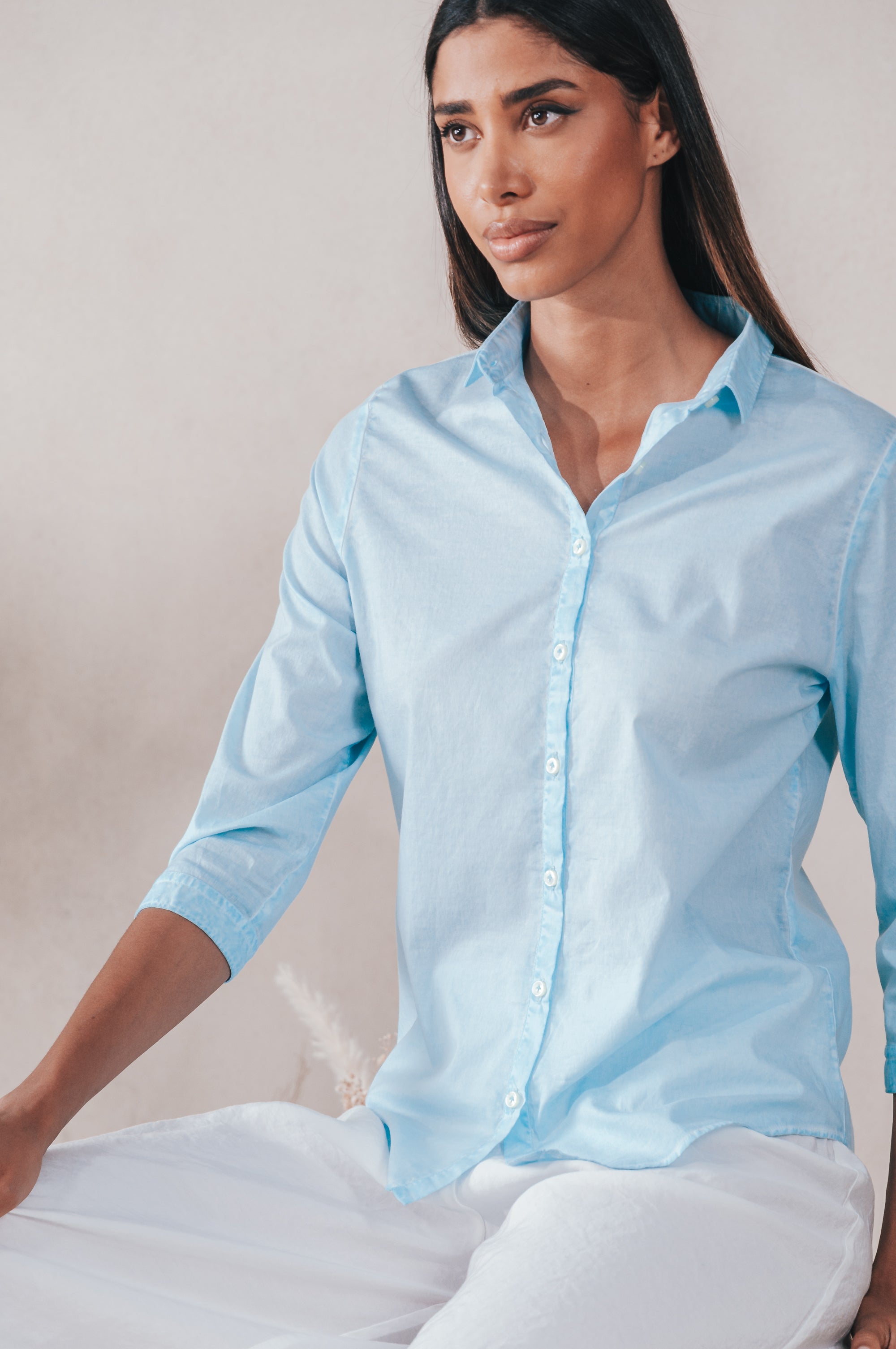 Camicia Popeline Manica 3/4 - Acqua