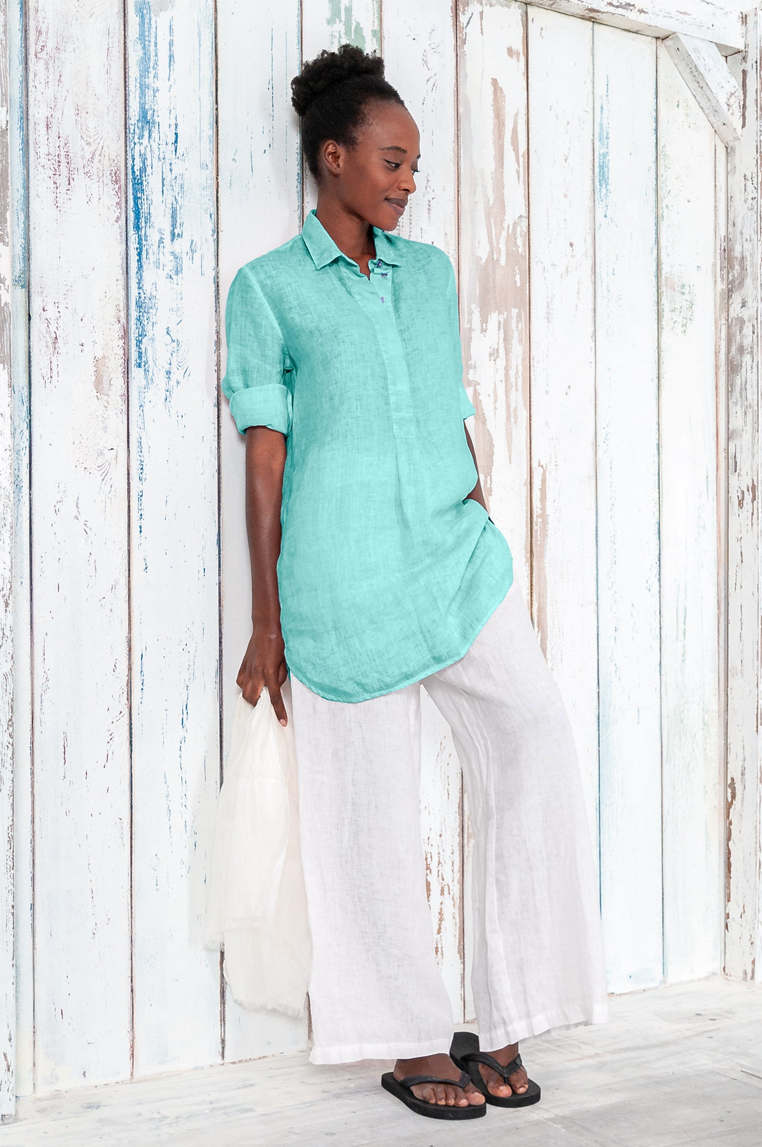 Linen Mini Shirtdress - Water