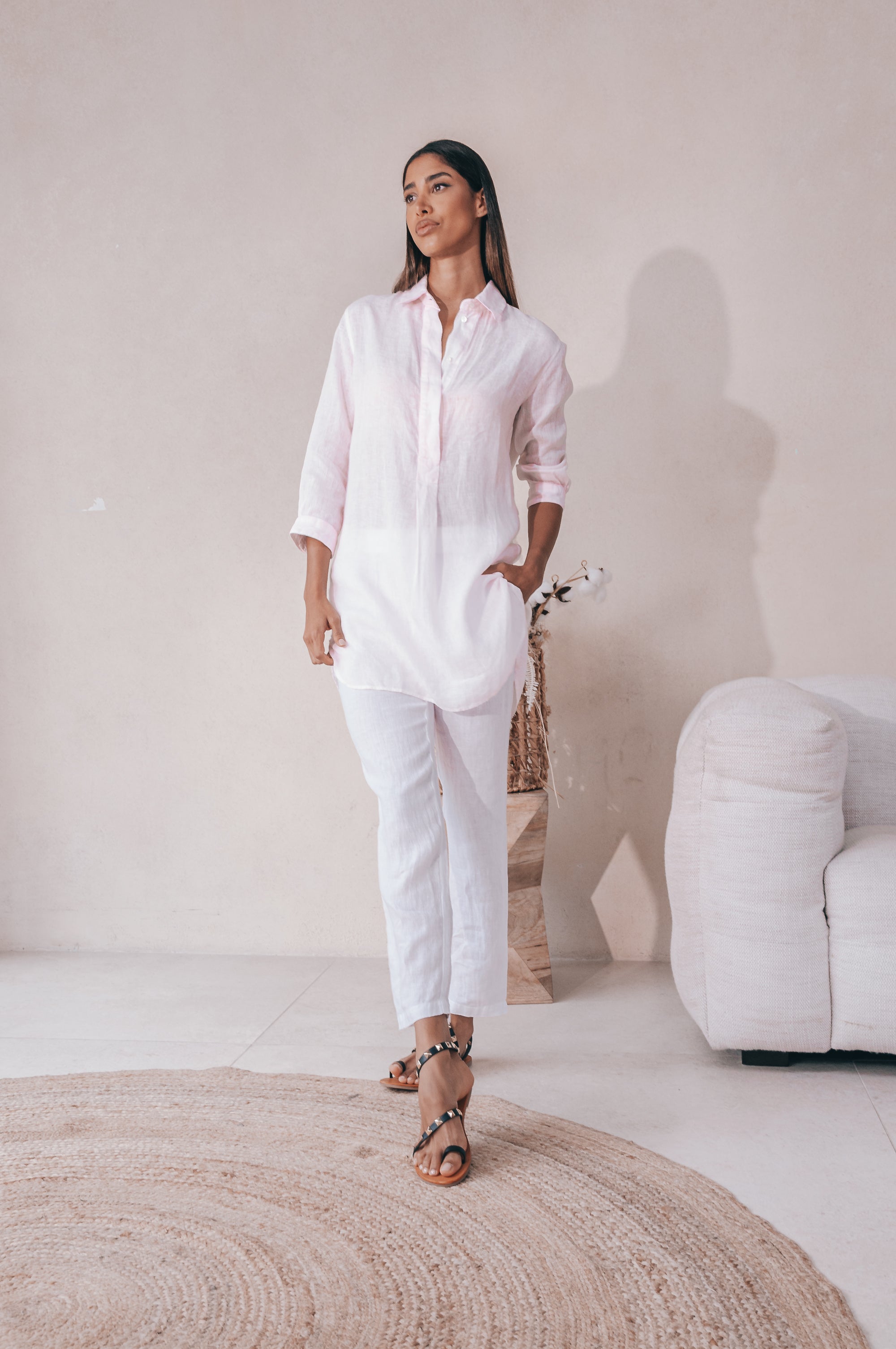 Linen Mini Shirtdress - Rose