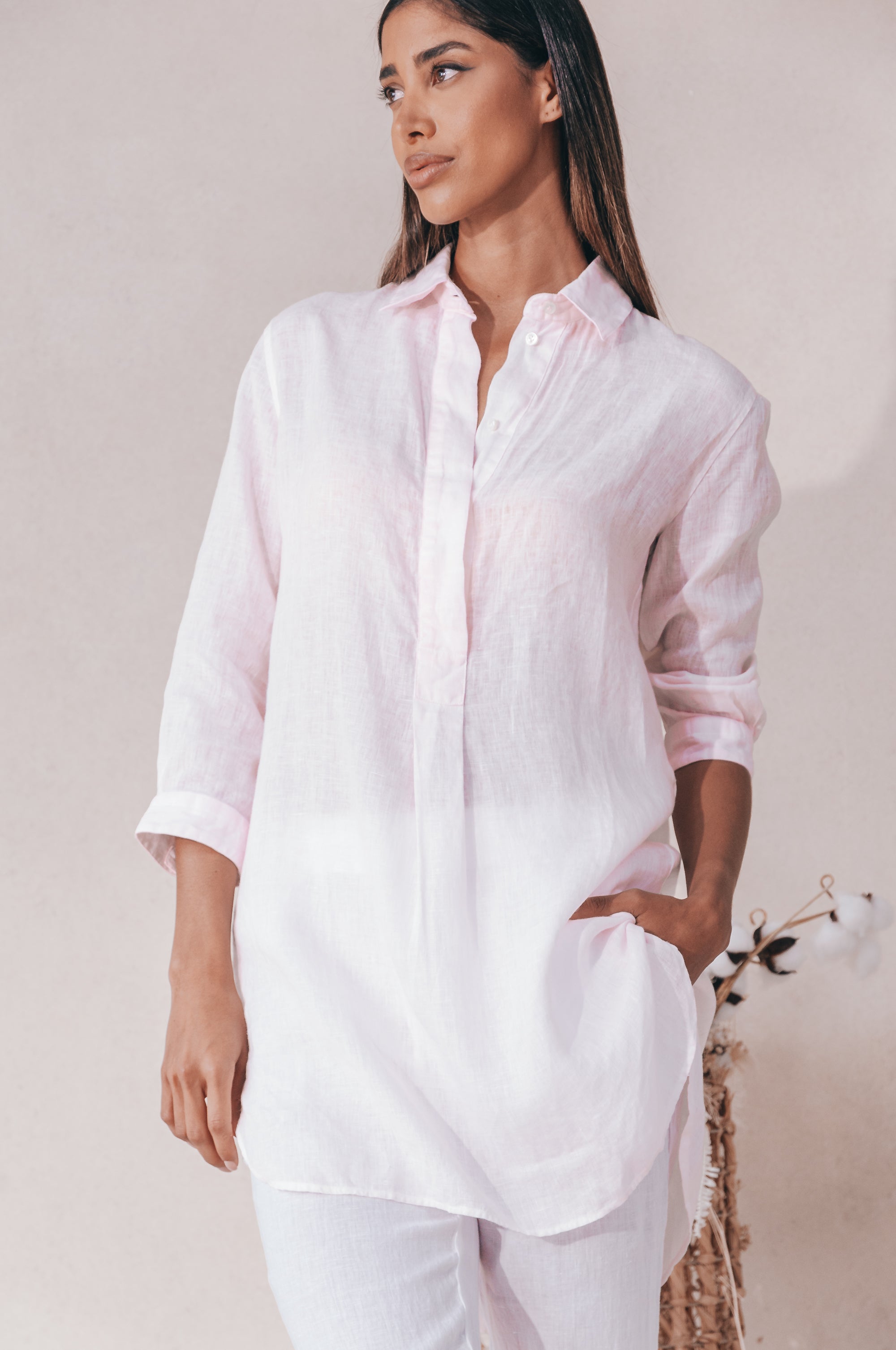 Linen Mini Shirtdress - Rose