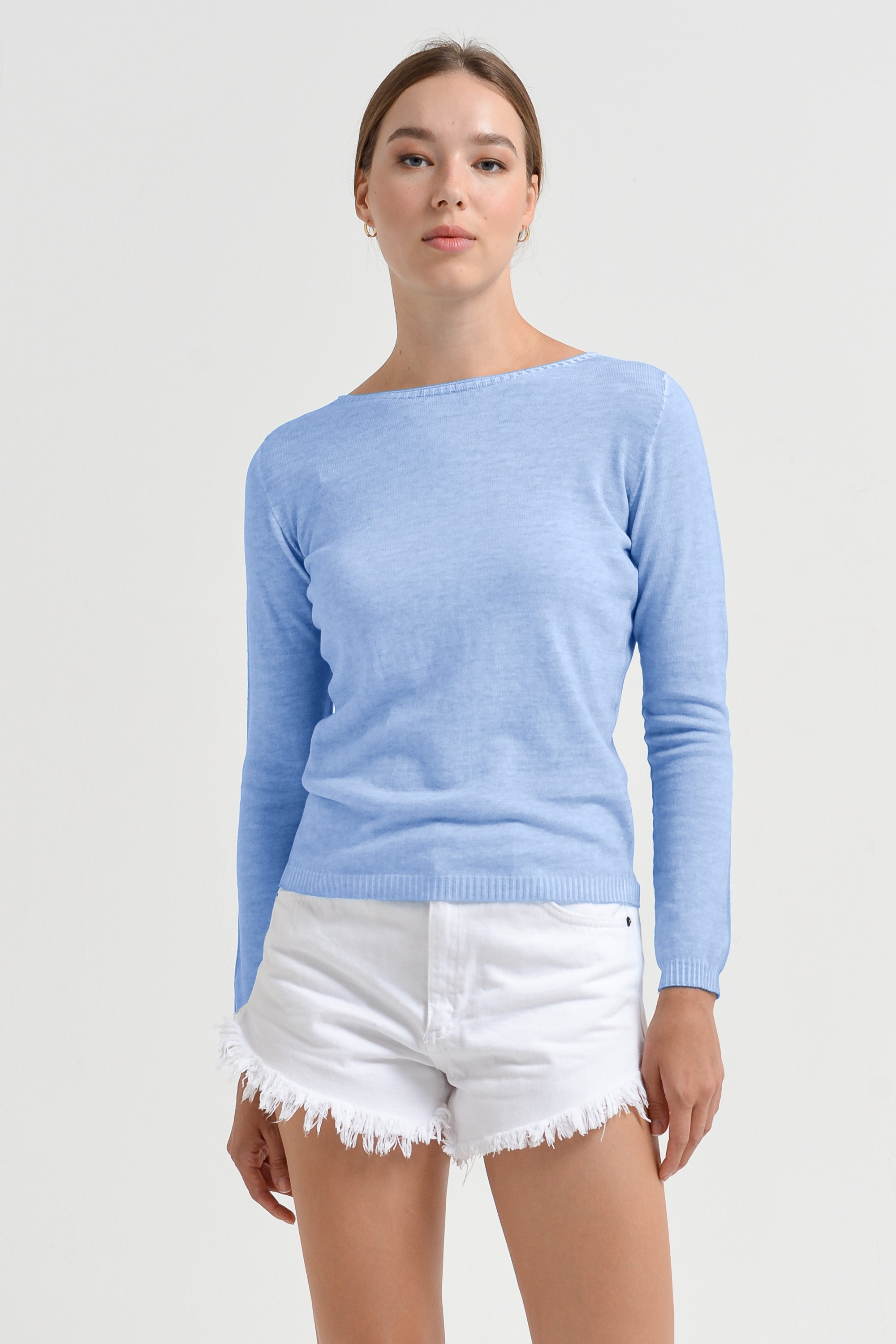 Crew Neck Cotton Jumper - Cielo