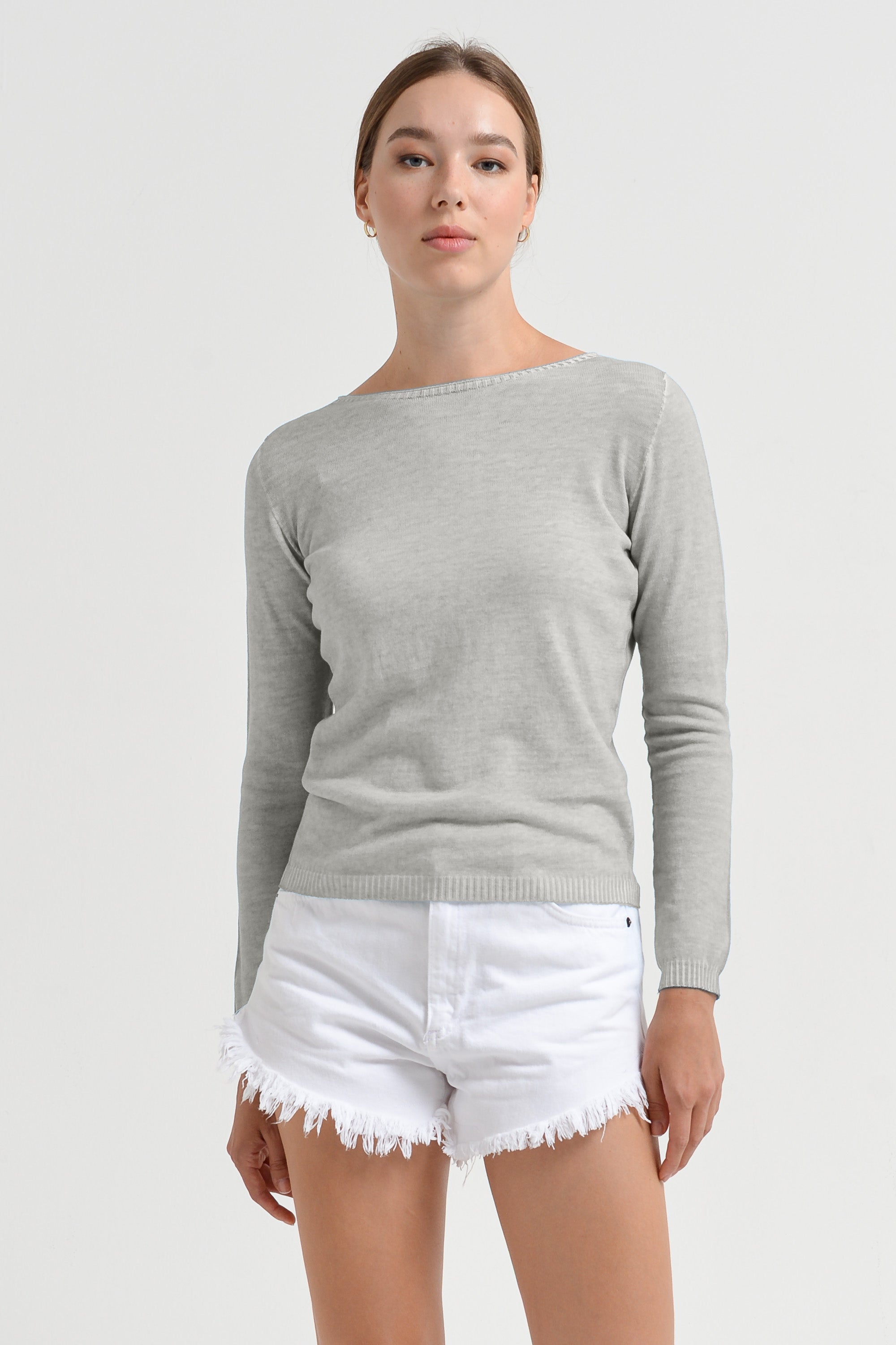 Crew Neck Cotton Jumper - Platino