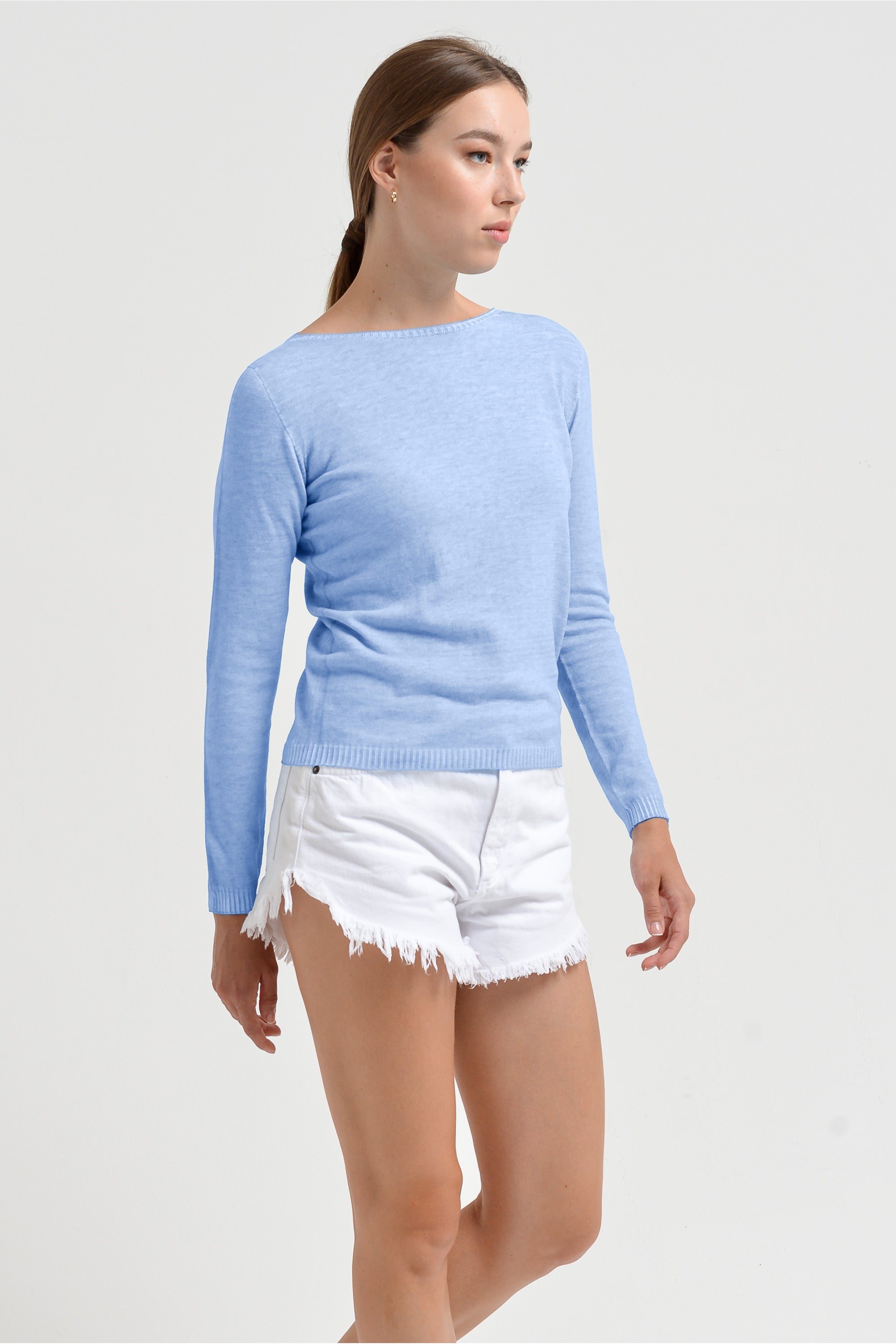Crew Neck Cotton Jumper - Cielo