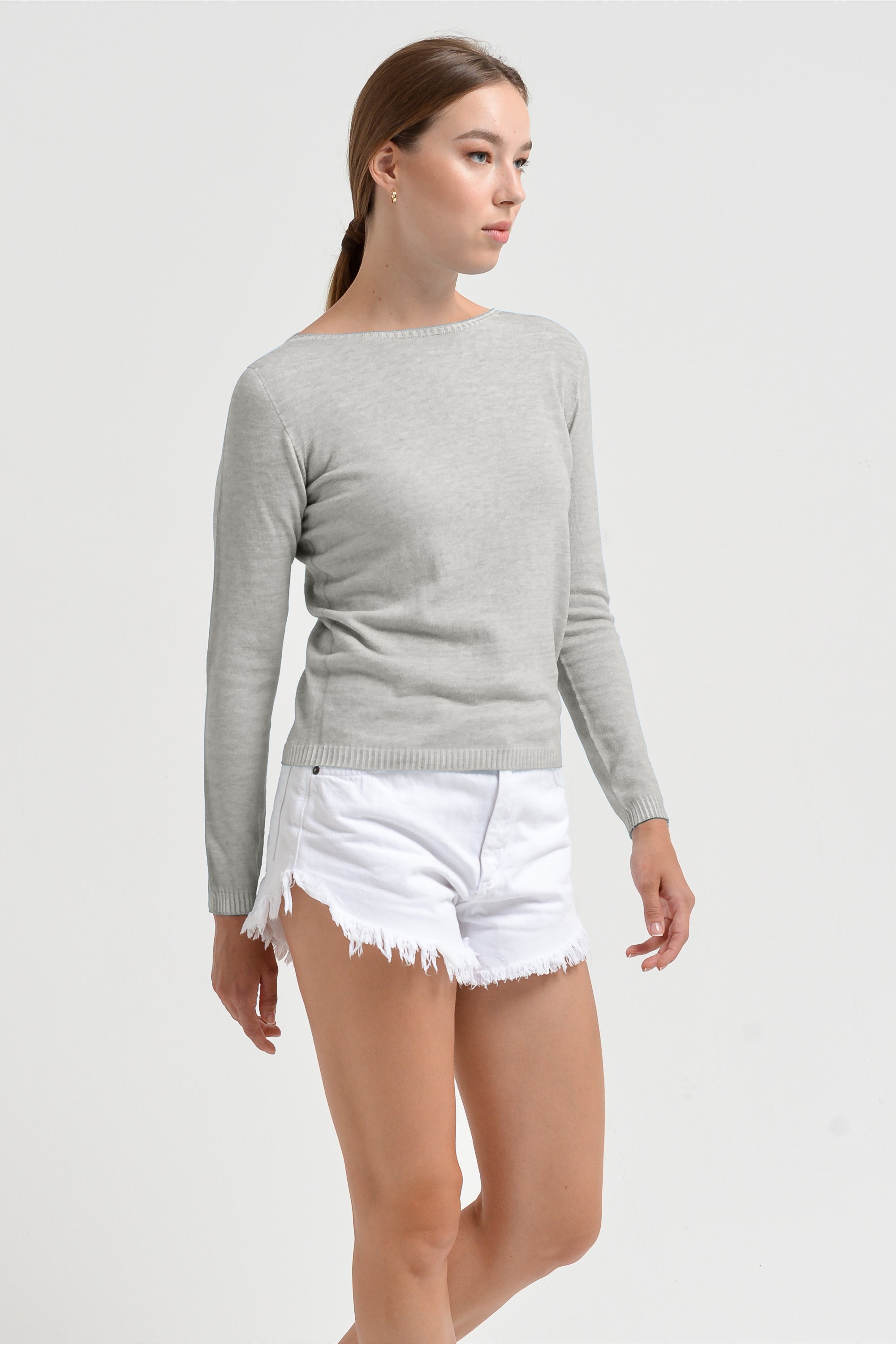 Crew Neck Cotton Jumper - Platino