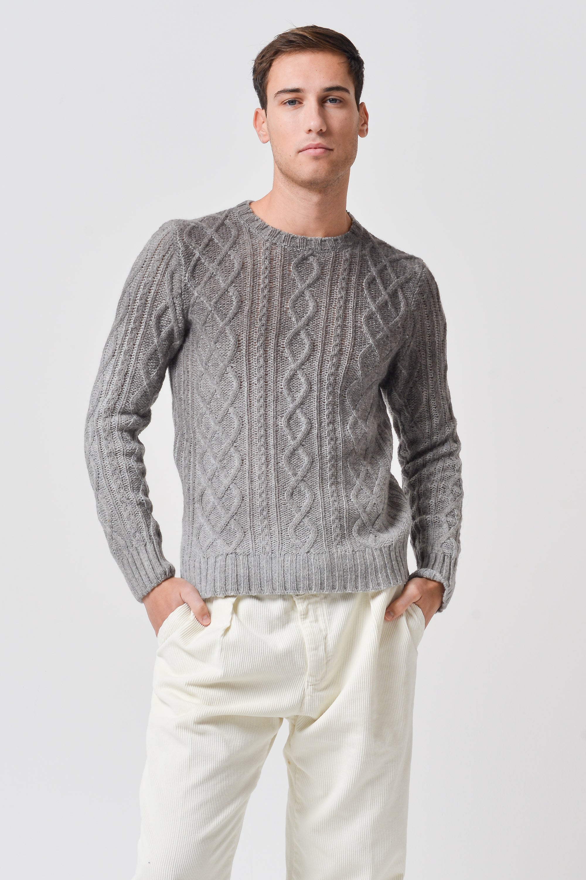 Maglia Girocollo Aran in Lana Kent Sfumata Grigio Castoro 