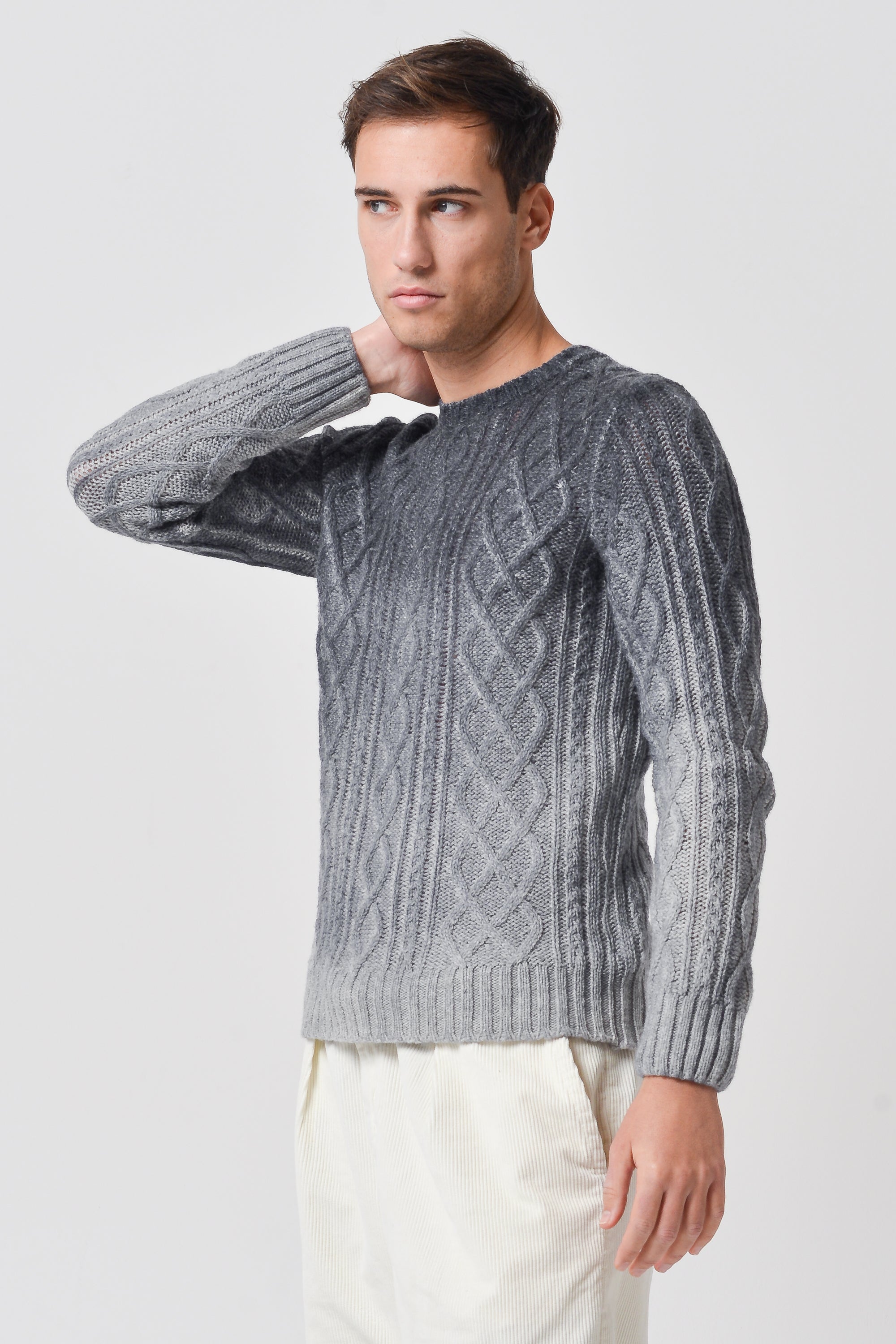 Maglia Girocollo Aran in Lana Kent Sfumata Grigio Scuro e Chiaro 