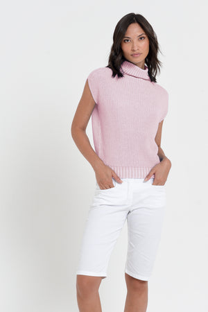 Ribbed Mini Knit - Women's Ribbed Sleeveless Knitted Sweater - Rose
