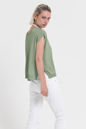 Positano Knit - Women's V-Neck Cotton Sweater - Palm