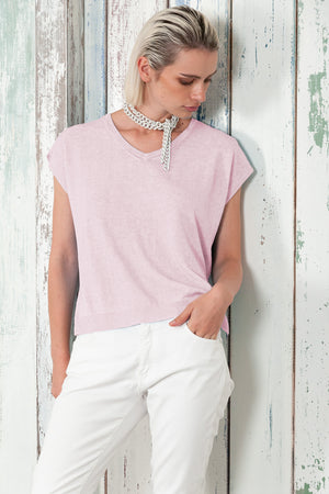 Positano Knit - Women's V-Neck Cotton Sweater - Rose
