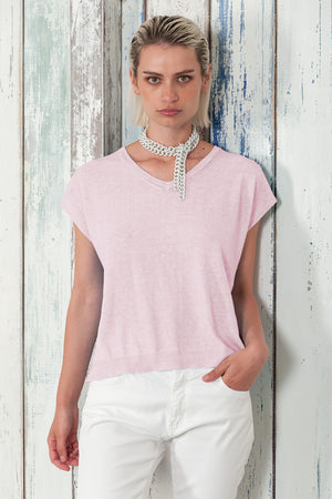 Positano Knit - Women's V-Neck Cotton Sweater - Rose