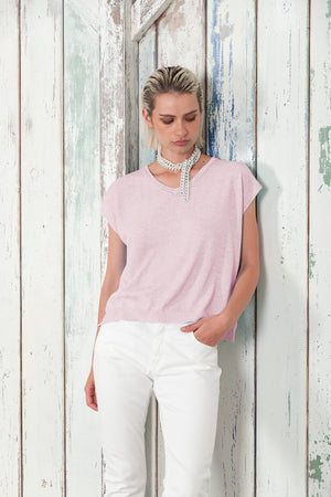 Positano Knit - Women's V-Neck Cotton Sweater - Rose