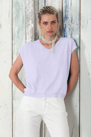 Positano Knit - Women's V-Neck Cotton Sweater - Lilac