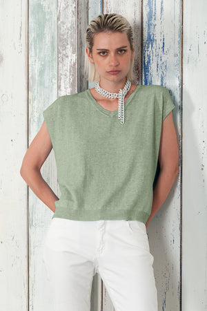 Positano Knit - Women's V-Neck Cotton Sweater - Palm