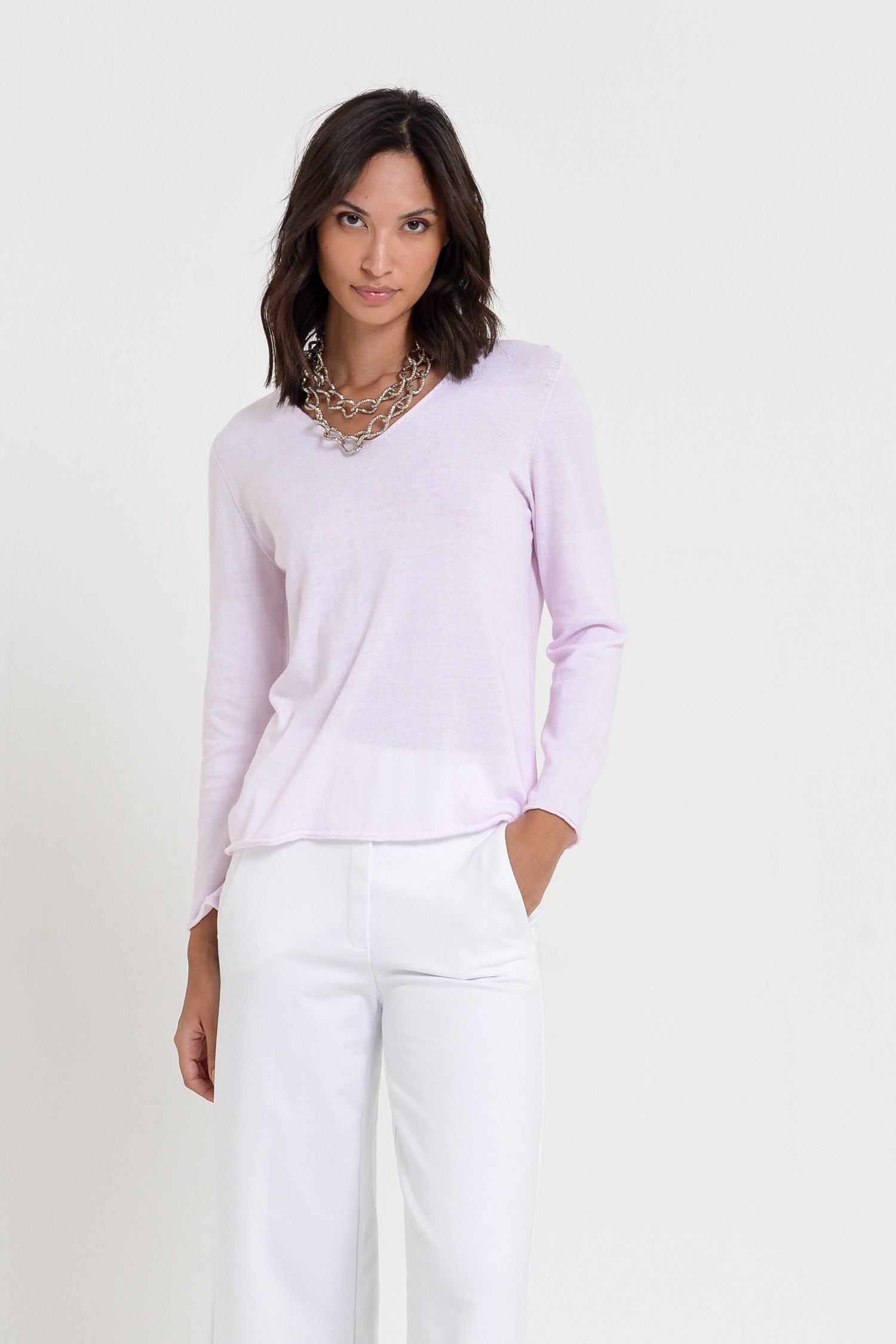 Serena V-Neck - Women's Cotton Knit Sweater - Rose