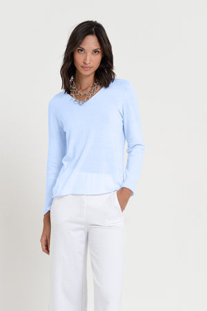 Serena V-Neck - Women's Cotton Knit Sweater - Cielo