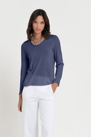 Serena V-Neck - Women's Cotton Knit Sweater - Navy