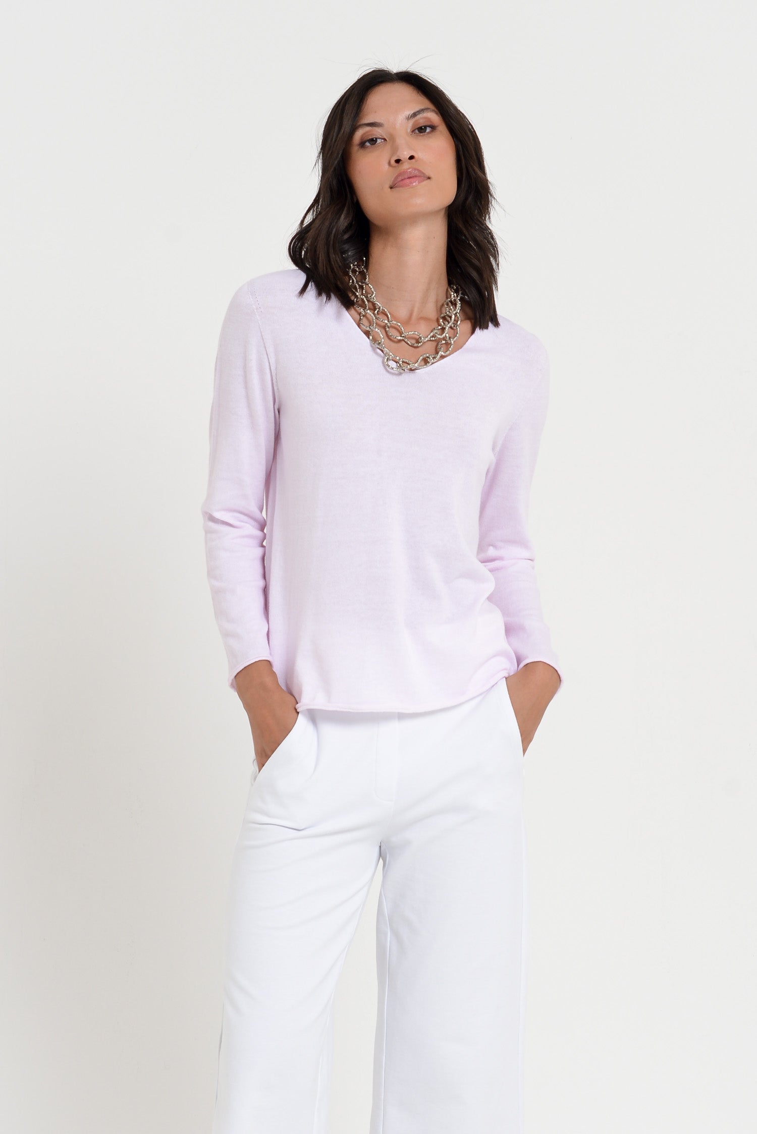 Serena V-Neck - Women's Cotton Knit Sweater - Rose
