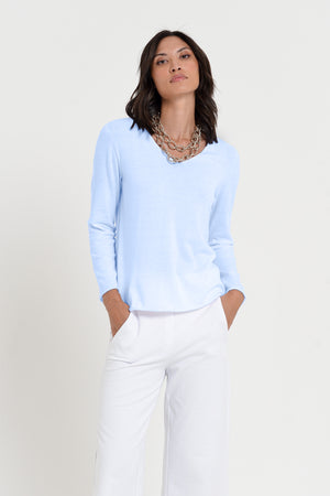 Serena V-Neck - Women's Cotton Knit Sweater - Cielo